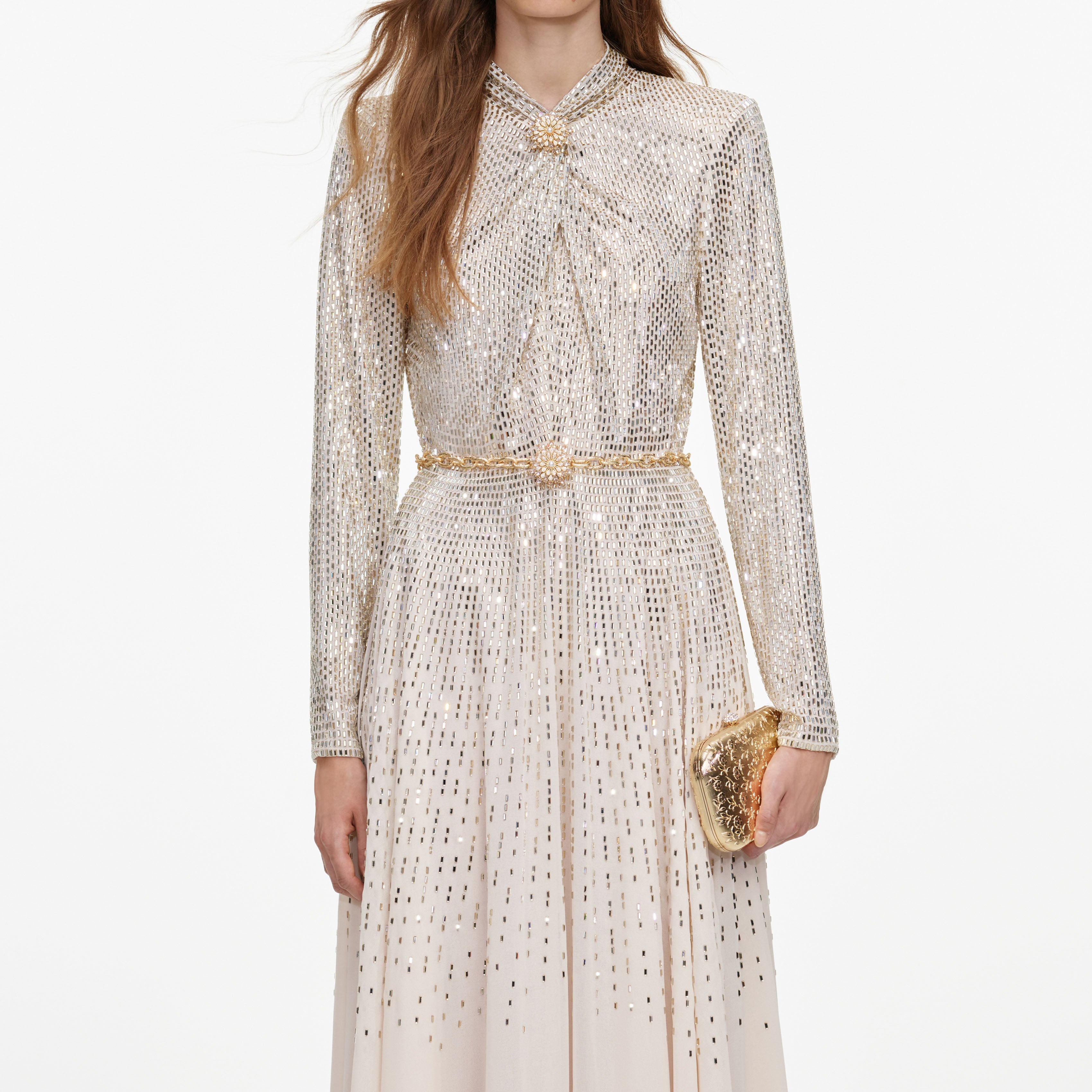 Champagne Ombre Rhinestone Twist Maxi Dress