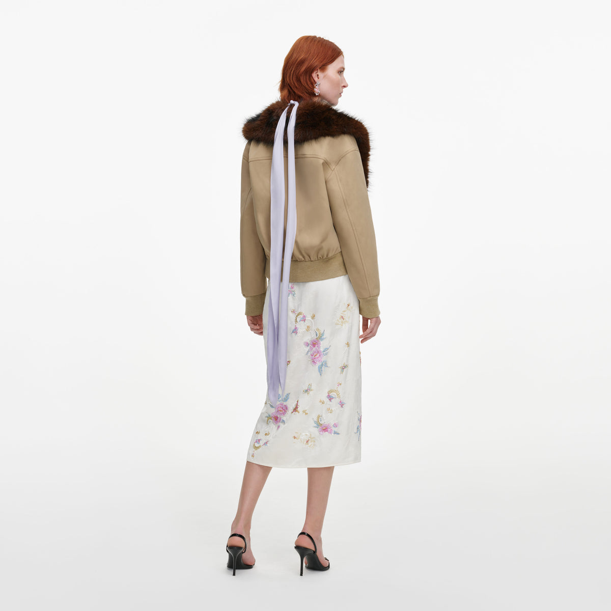 Cream Jacquard Floral Midi Skirt