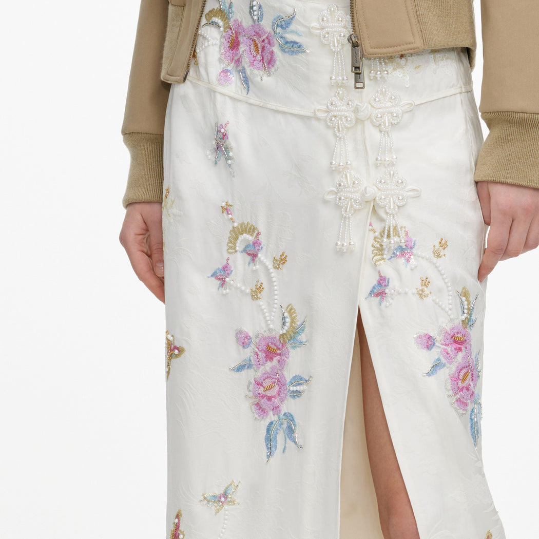 Cream Jacquard Floral Midi Skirt