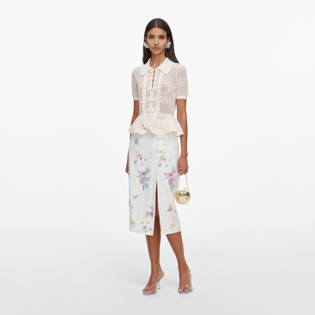 Cream Pointelle Knit Wrap Peplum Top