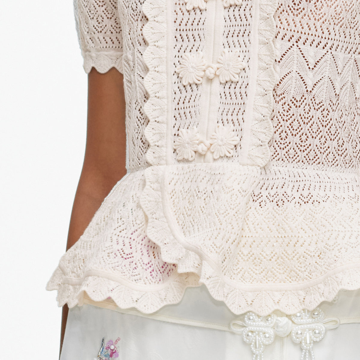 Cream Pointelle Knit Wrap Peplum Top