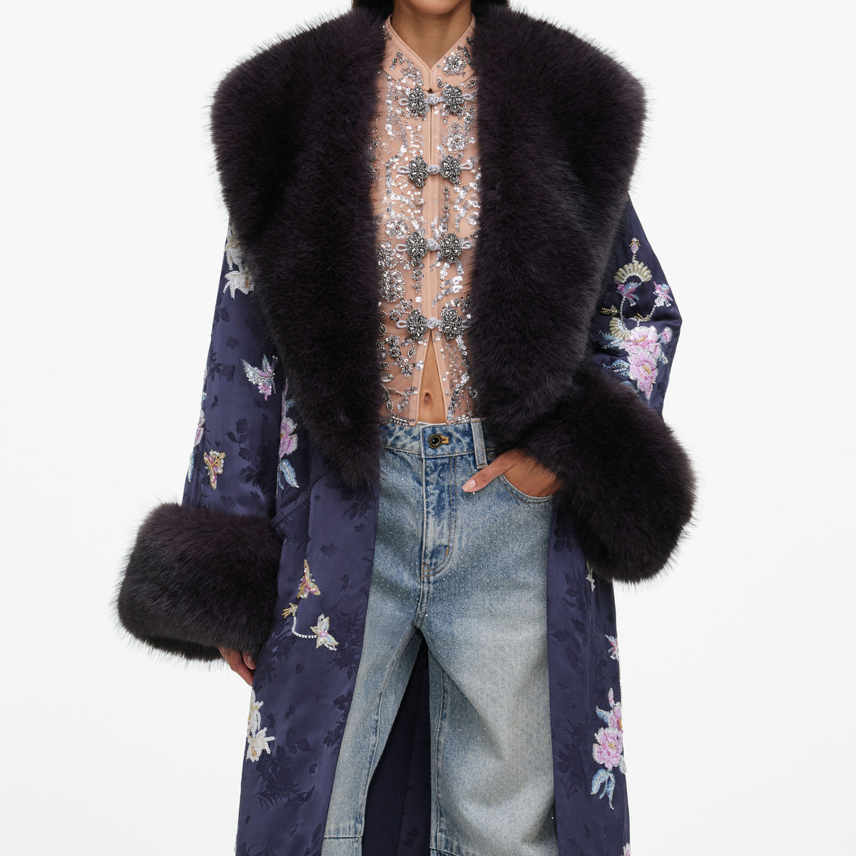 Navy Floral Jacquard Fur Collar Coat
