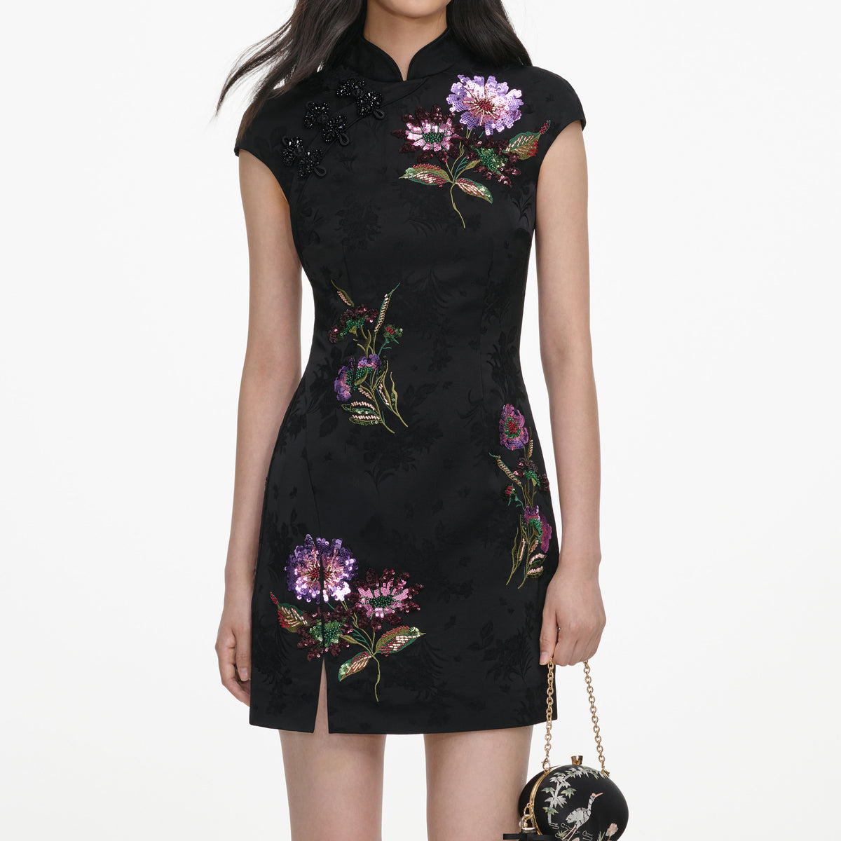 Black Jacquard Sequin Embroidered Mini Dress