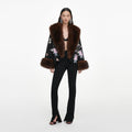 Black Floral Jacquard Fur Collar Coat