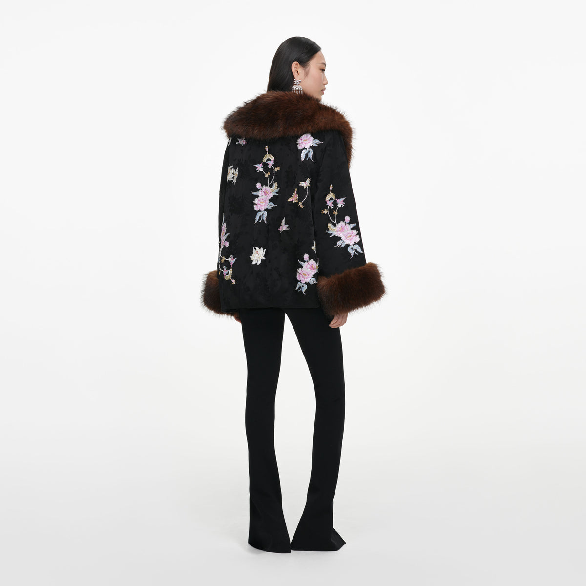 Black Floral Jacquard Fur Collar Coat