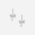 Silver Crystal Bow Pearl Droplet Earrings