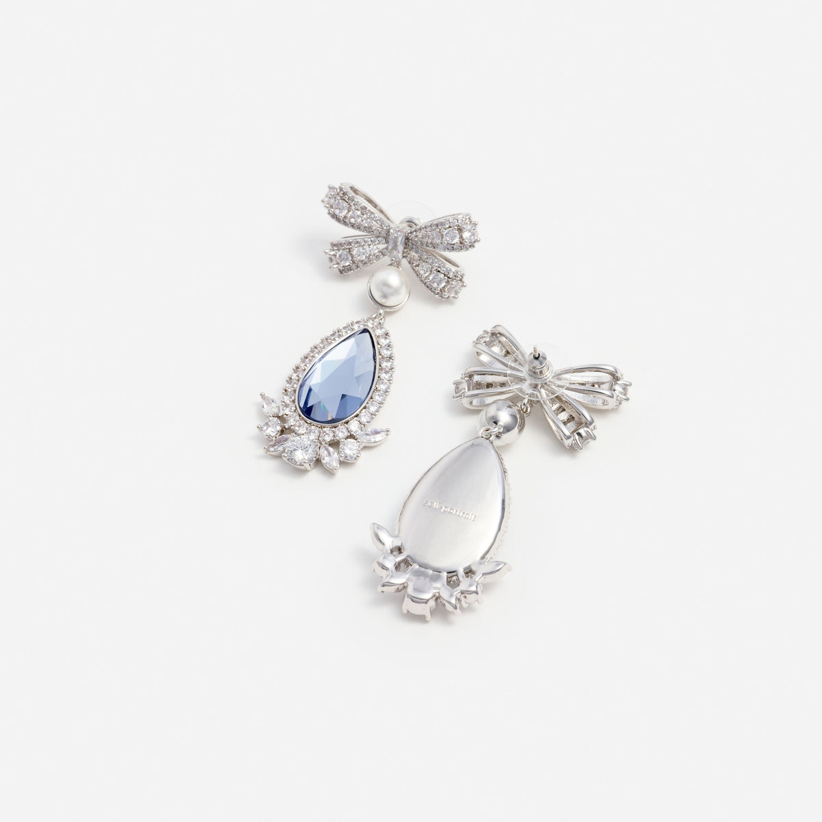 Blue Crystal Bow Pearl Droplet Earrings