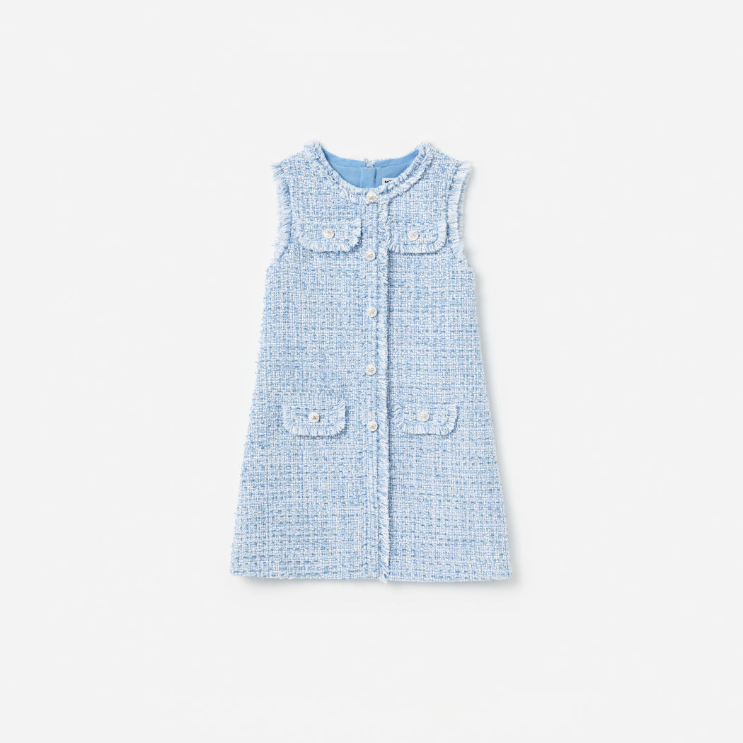 Blue Textured Boucle Sleeveless Dress