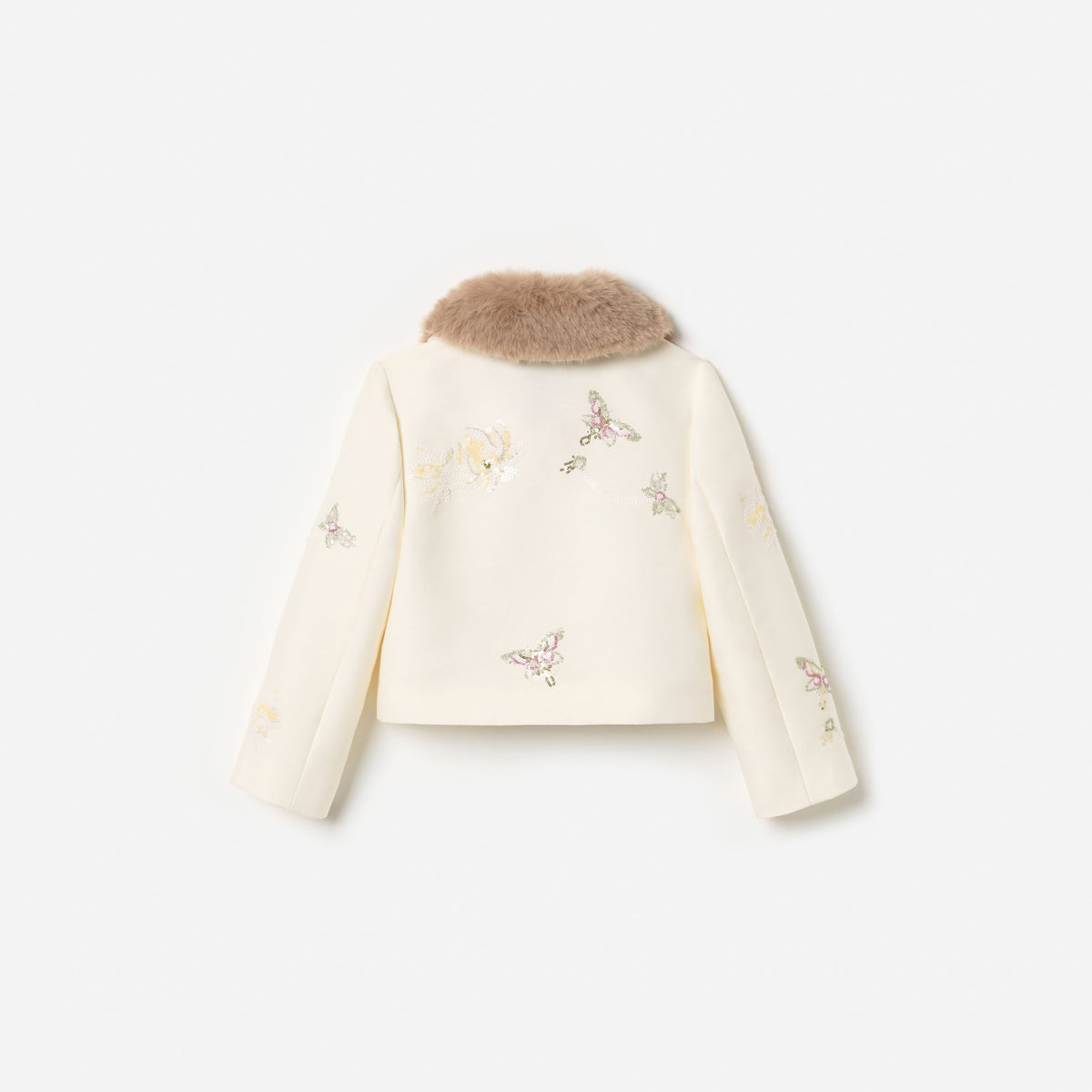 Cream Floral Jacquard Fur Collar Jacket