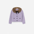 Purple Cable Knit Printed  Fur Collar Cardigan