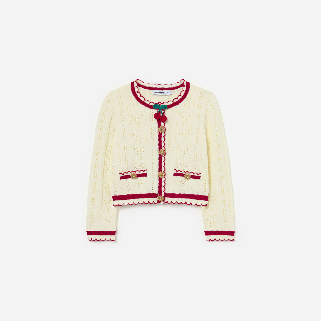 Cream Pointelle Knit Stripe Cherry Cardigan