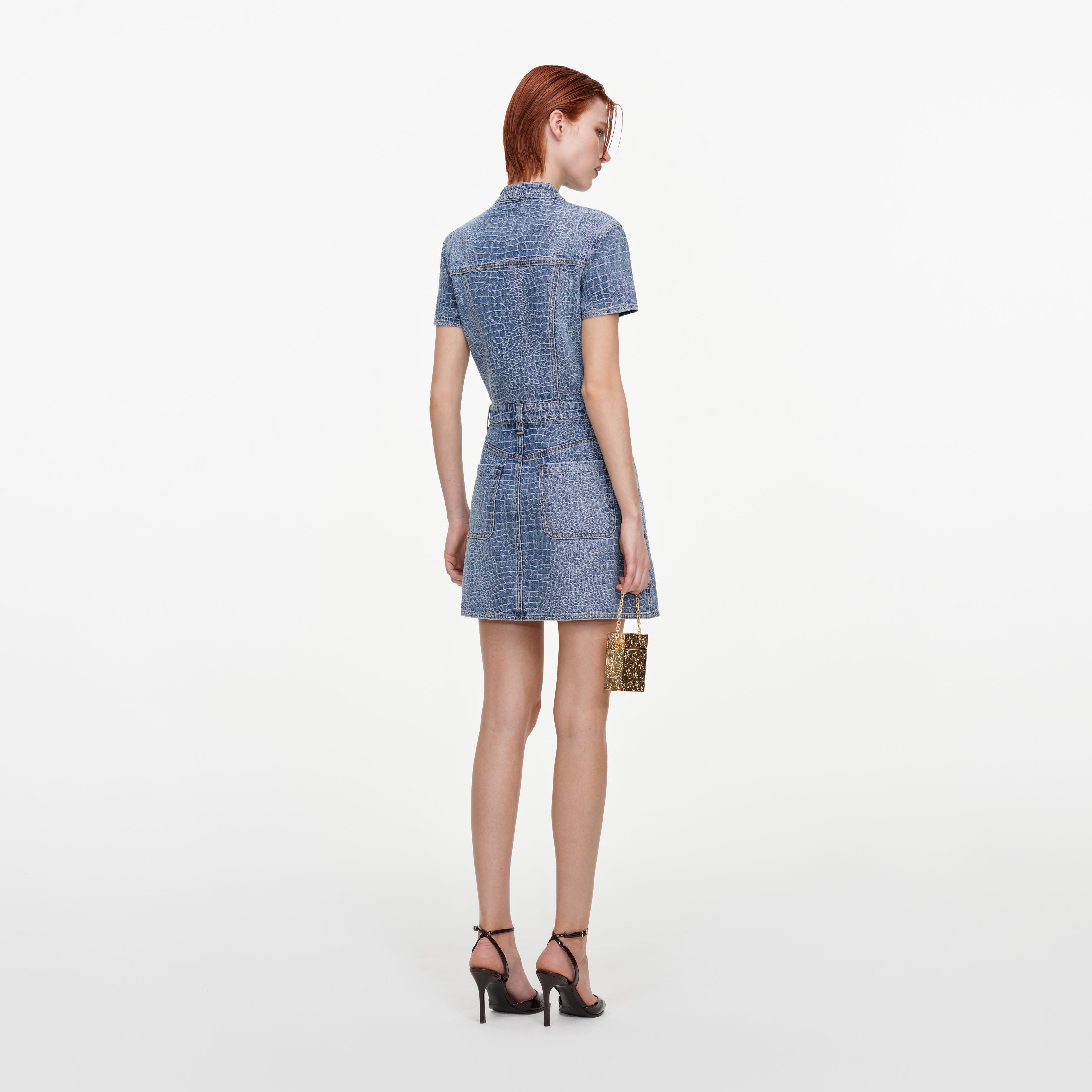 Croc Denim Tie Neck Mini Dress