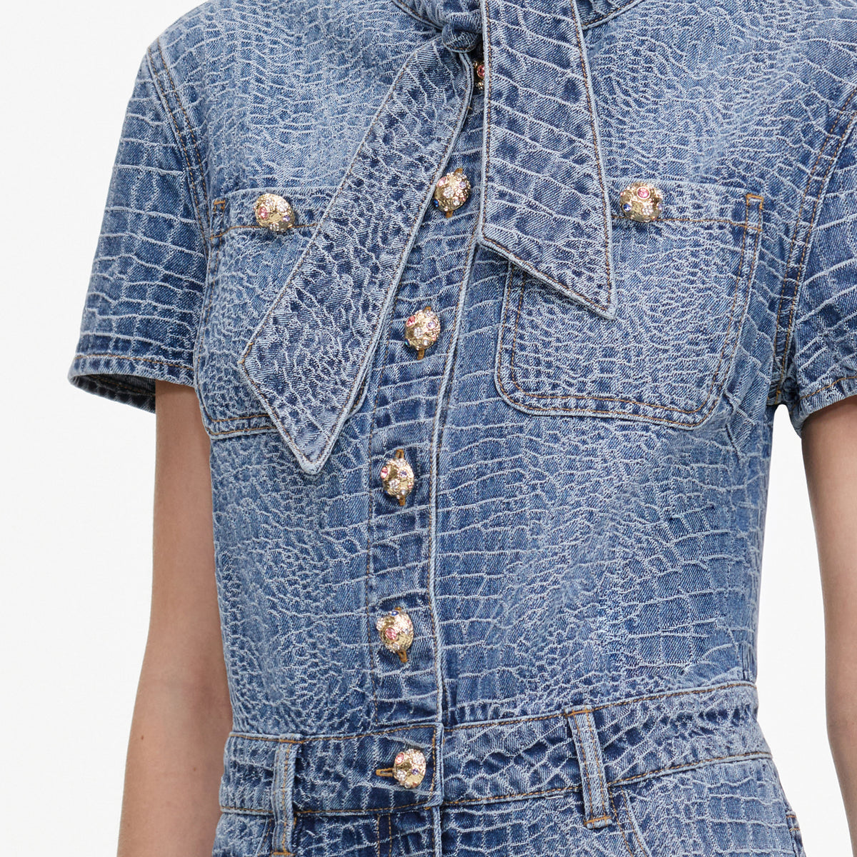 Croc Denim Tie Neck Mini Dress