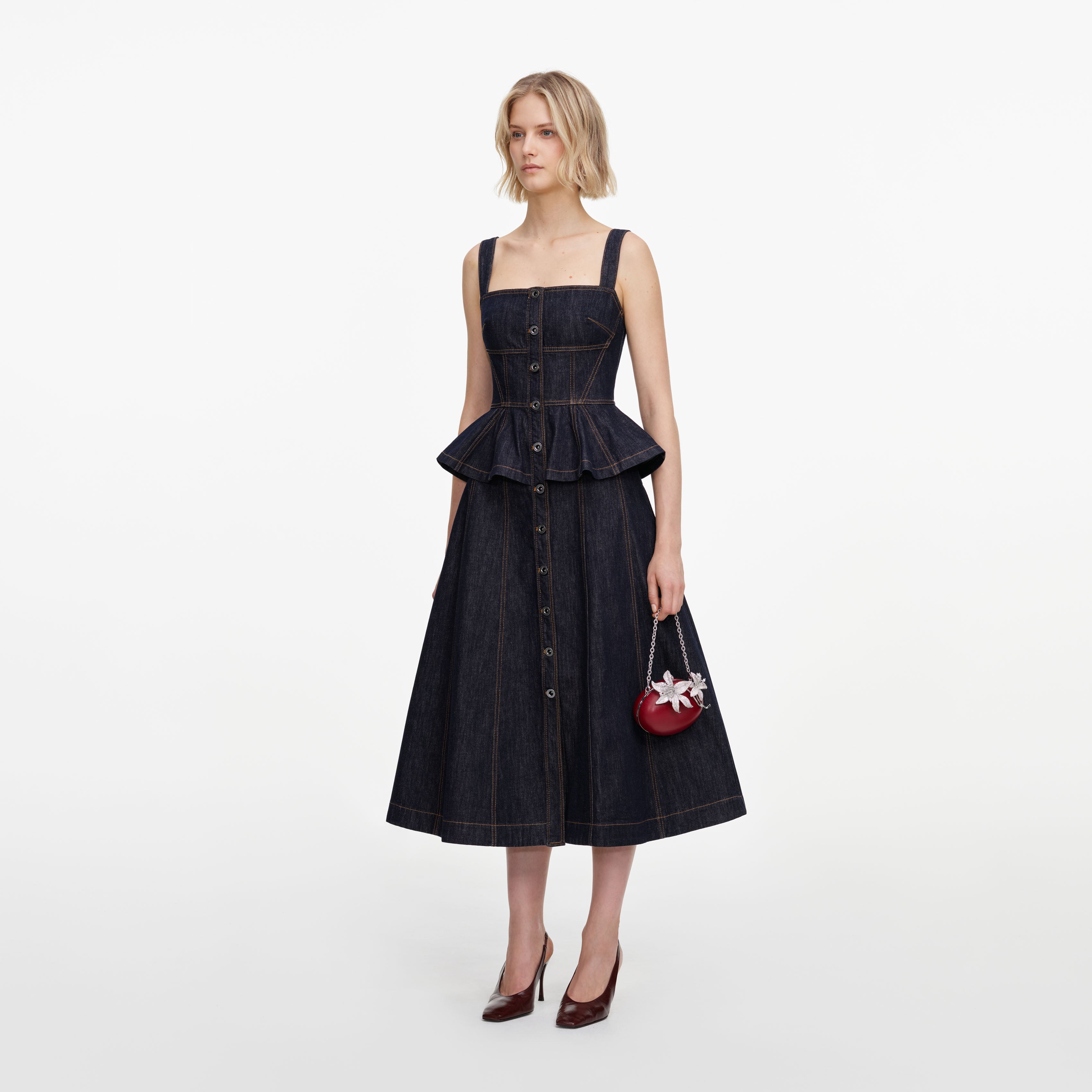 Indigo Peplum Denim Midi Dress