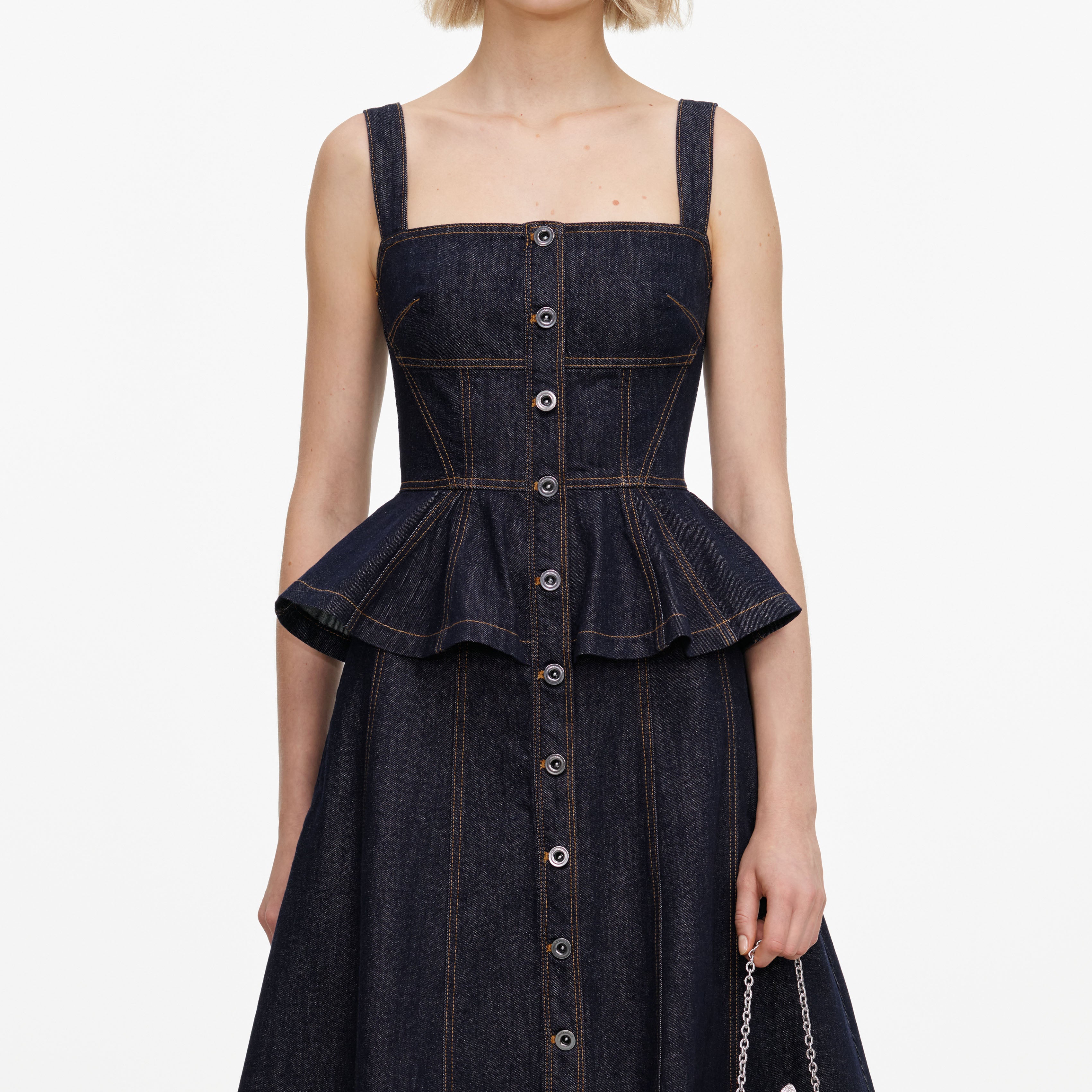 Indigo Peplum Denim Midi Dress