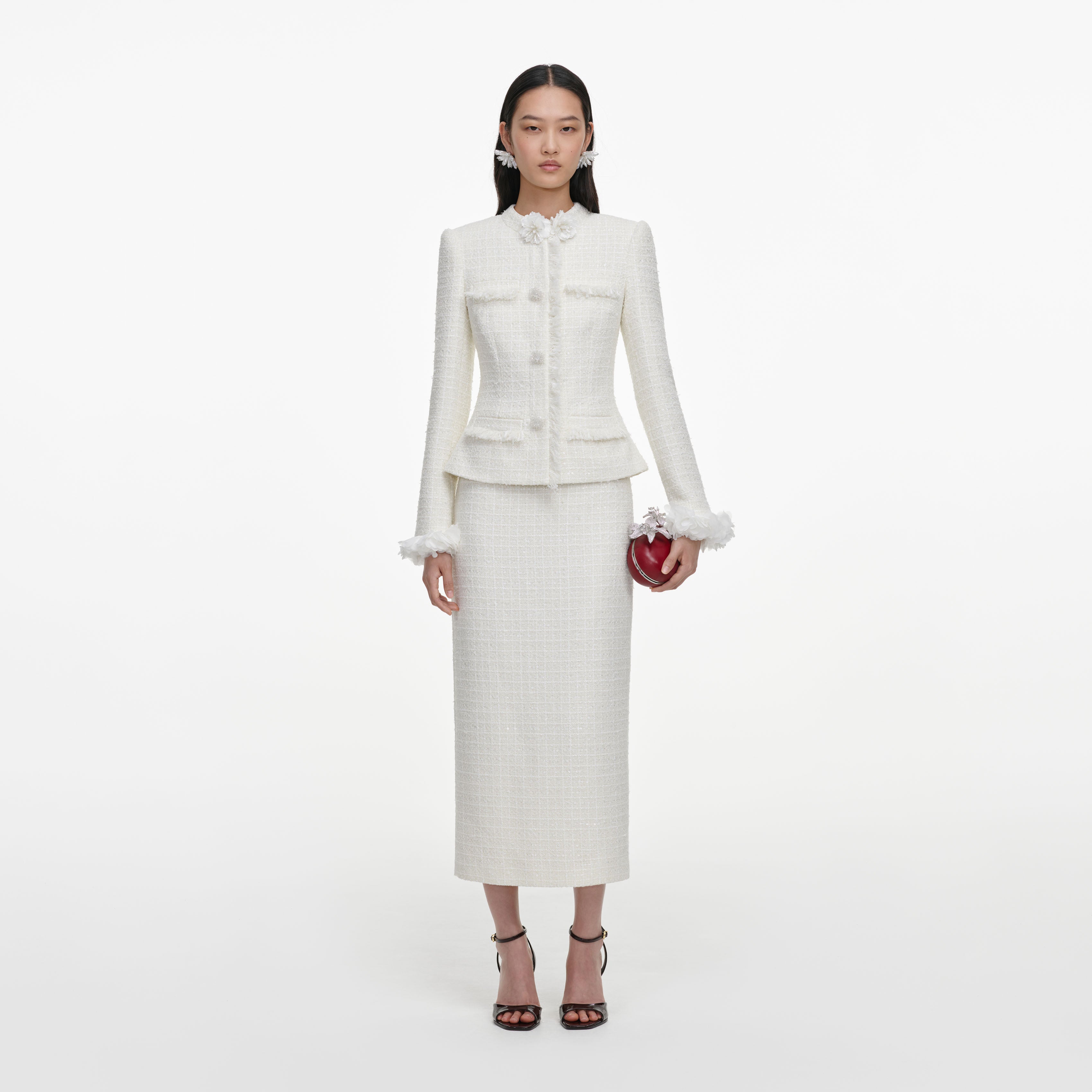 Cream Boucle Flower Midi Dress