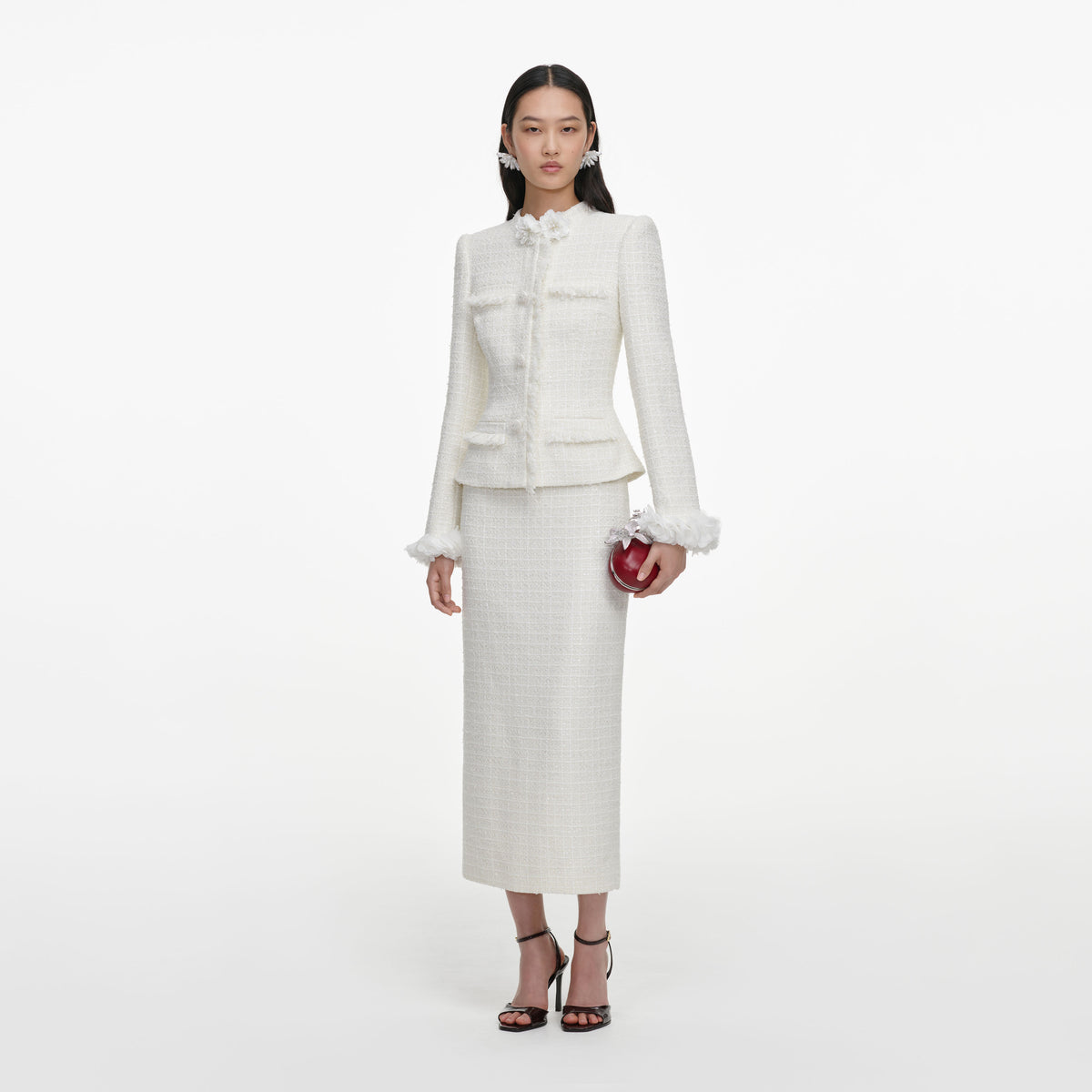 Cream Boucle Flower Midi Dress