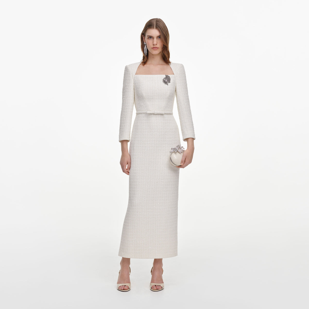 Cream Tailored Boucle Brooch Midi Dress