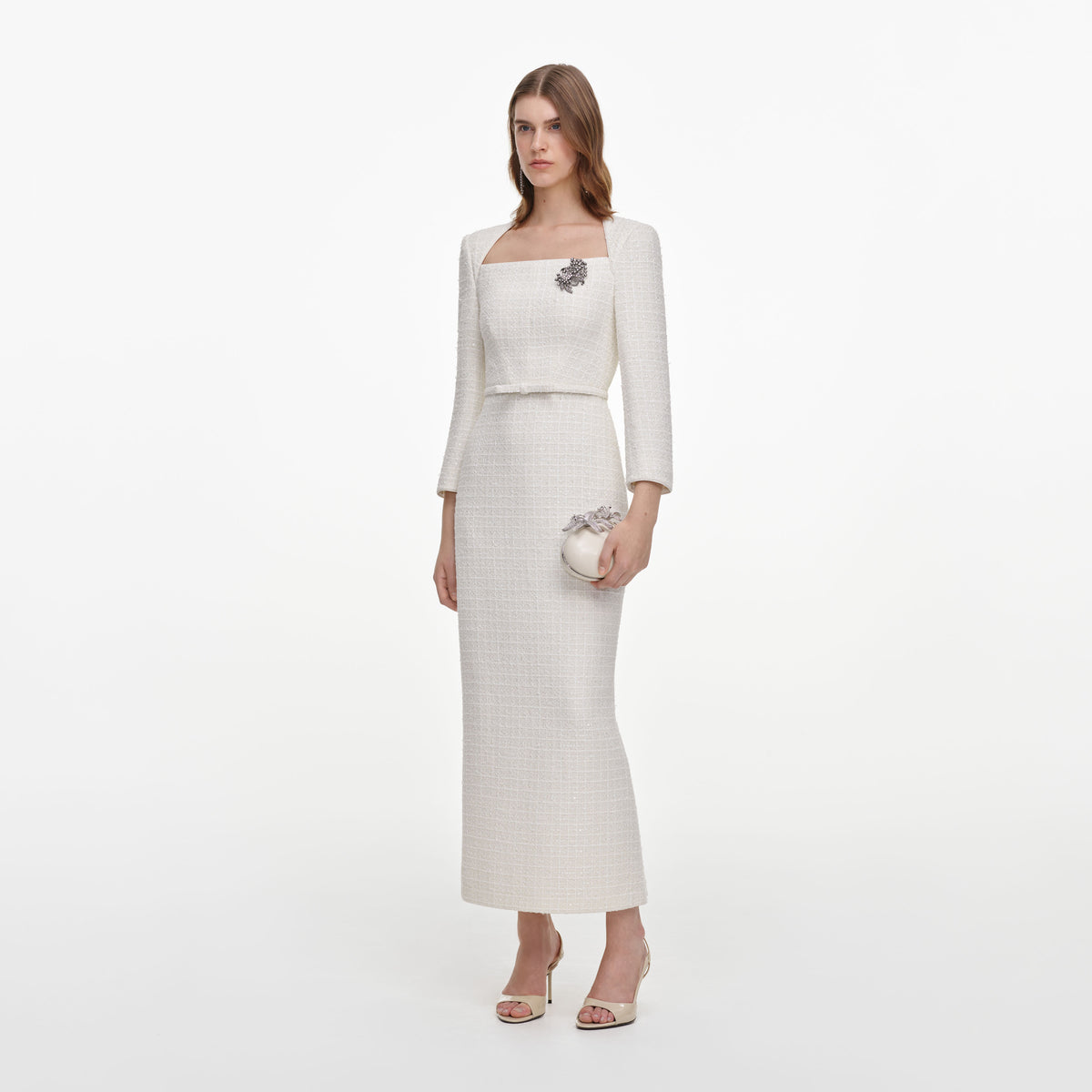 Cream Tailored Boucle Brooch Midi Dress