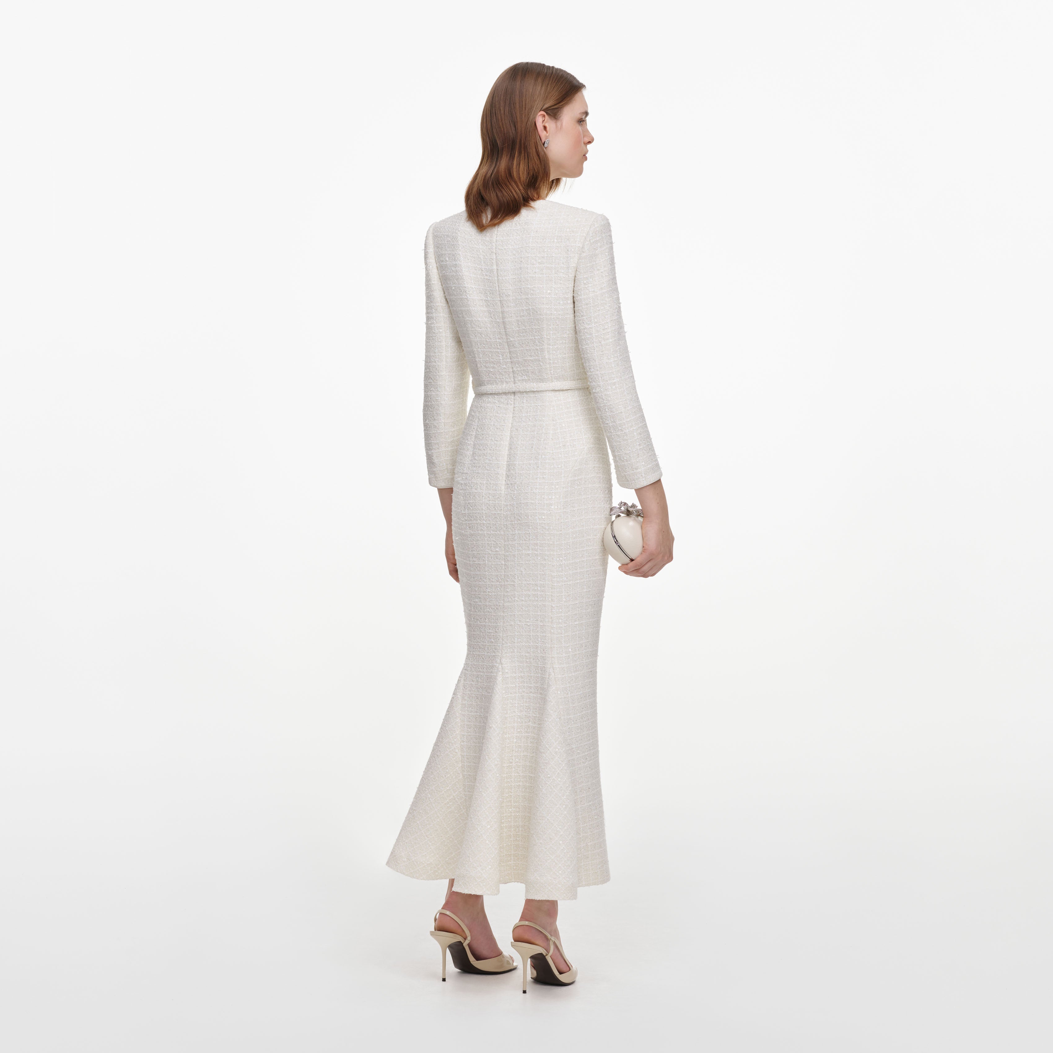 Cream Tailored Boucle Brooch Midi Dress