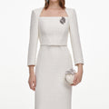 Cream Tailored Boucle Brooch Midi Dress