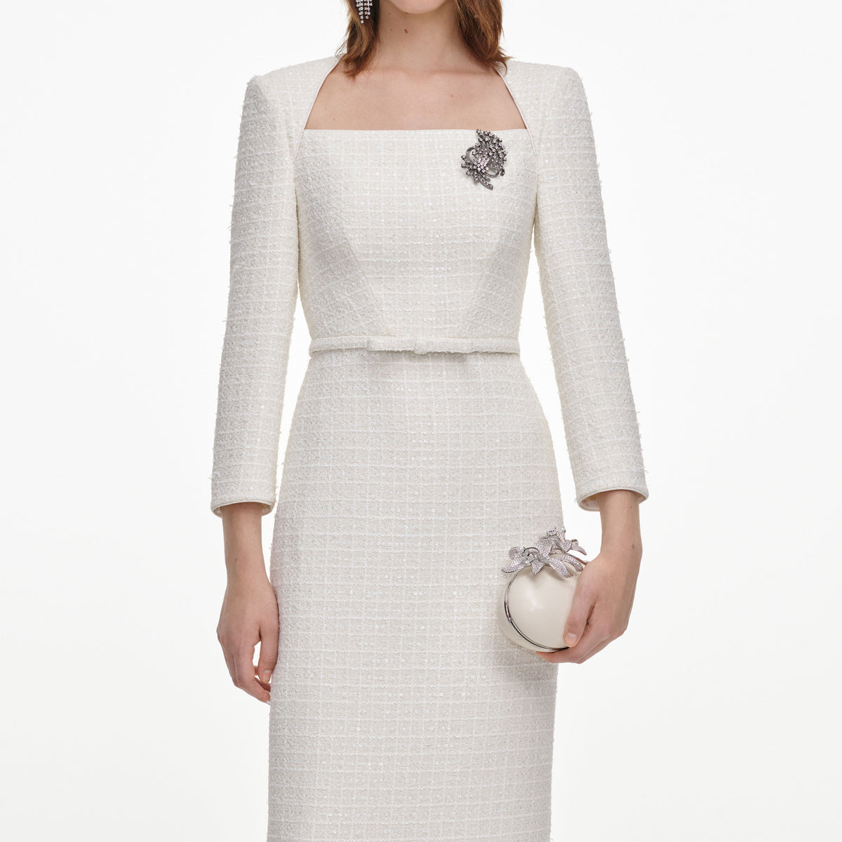 Cream Tailored Boucle Brooch Midi Dress