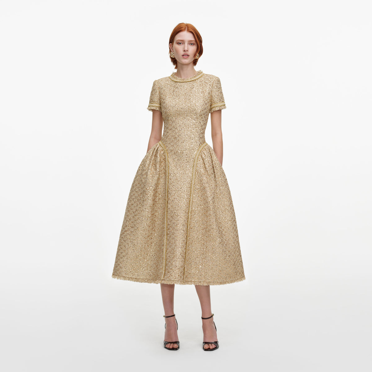 Gold Sequin Boucle Midi Dress