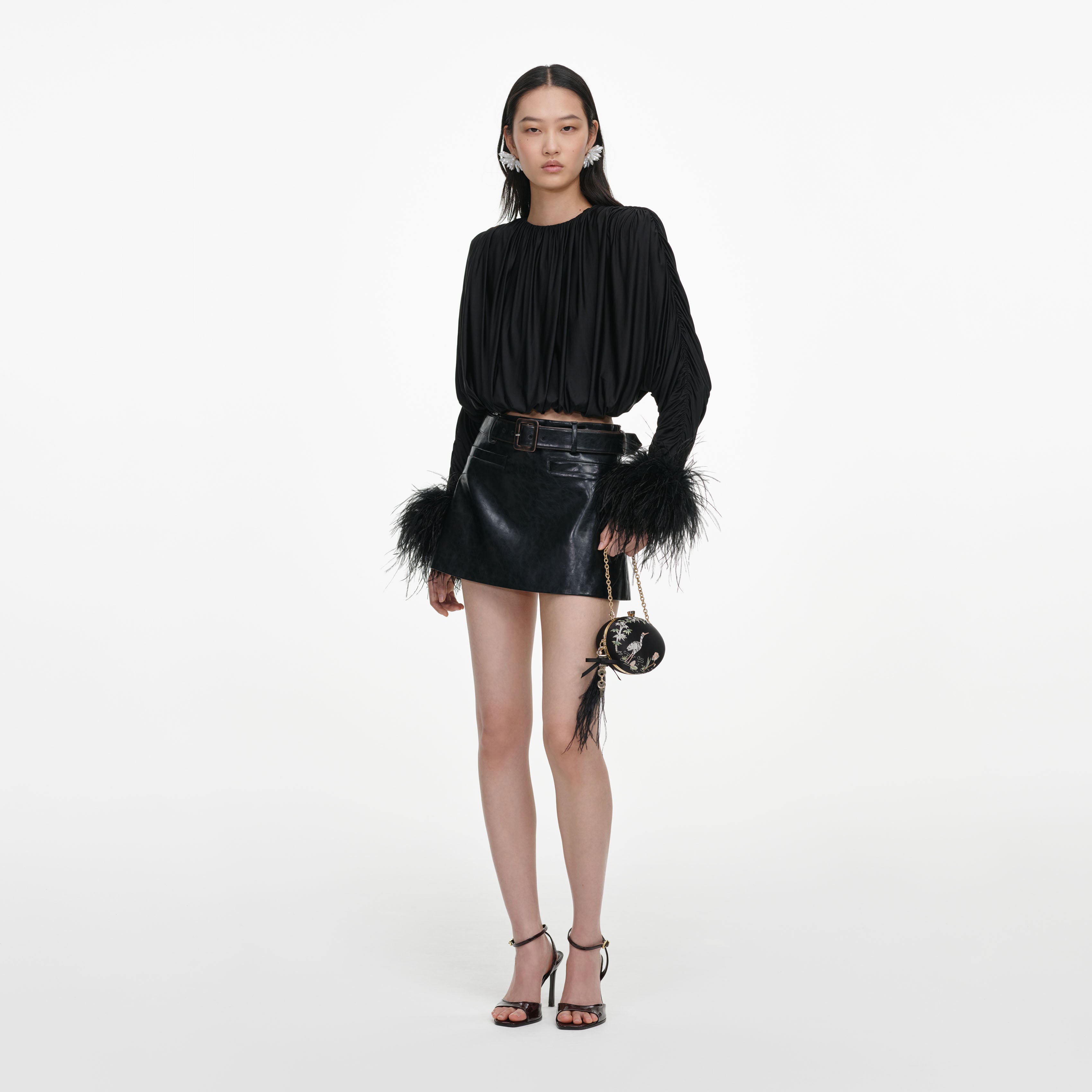 Black Jersey Gathered Feather Top