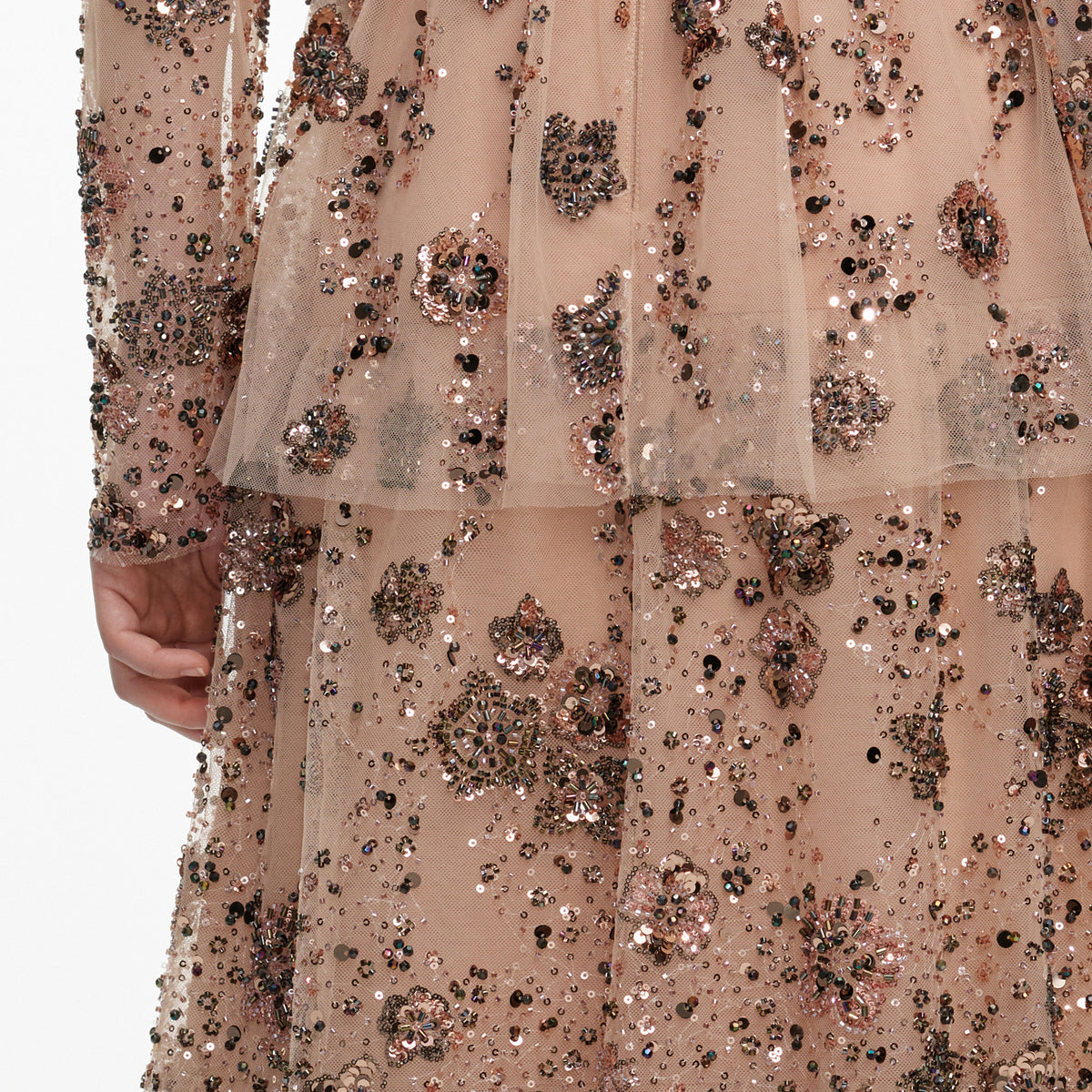 Beige Sequin Embellished Tiered Maxi Dress