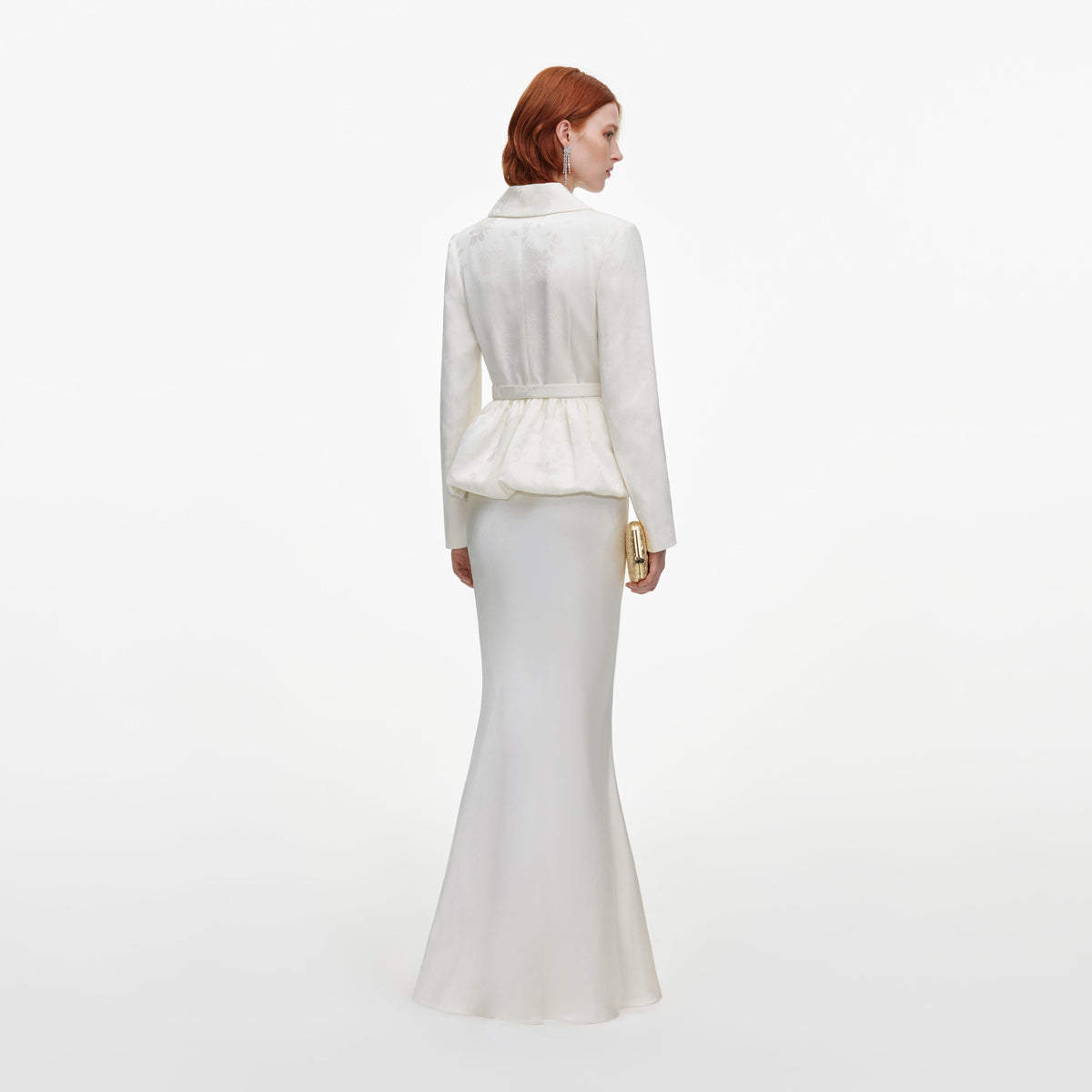 Back view of a woman wearing the Cream Jacquard Tailored Maxi Dress