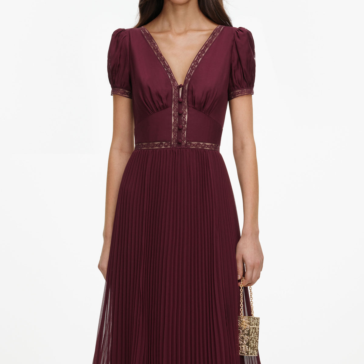 Burgundy Viscose Pleated Lace Midi Dress