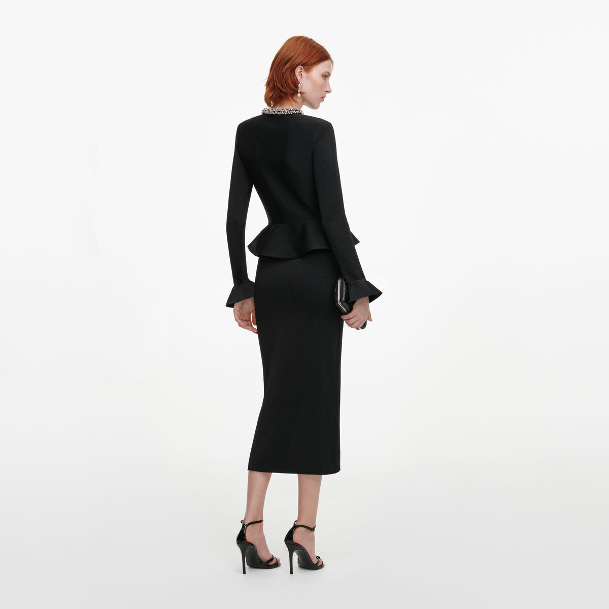 Black Crystal Trim Knit Midi Dress