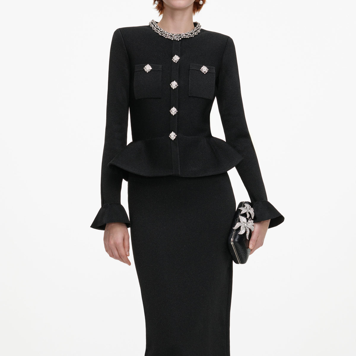 Black Crystal Trim Knit Midi Dress