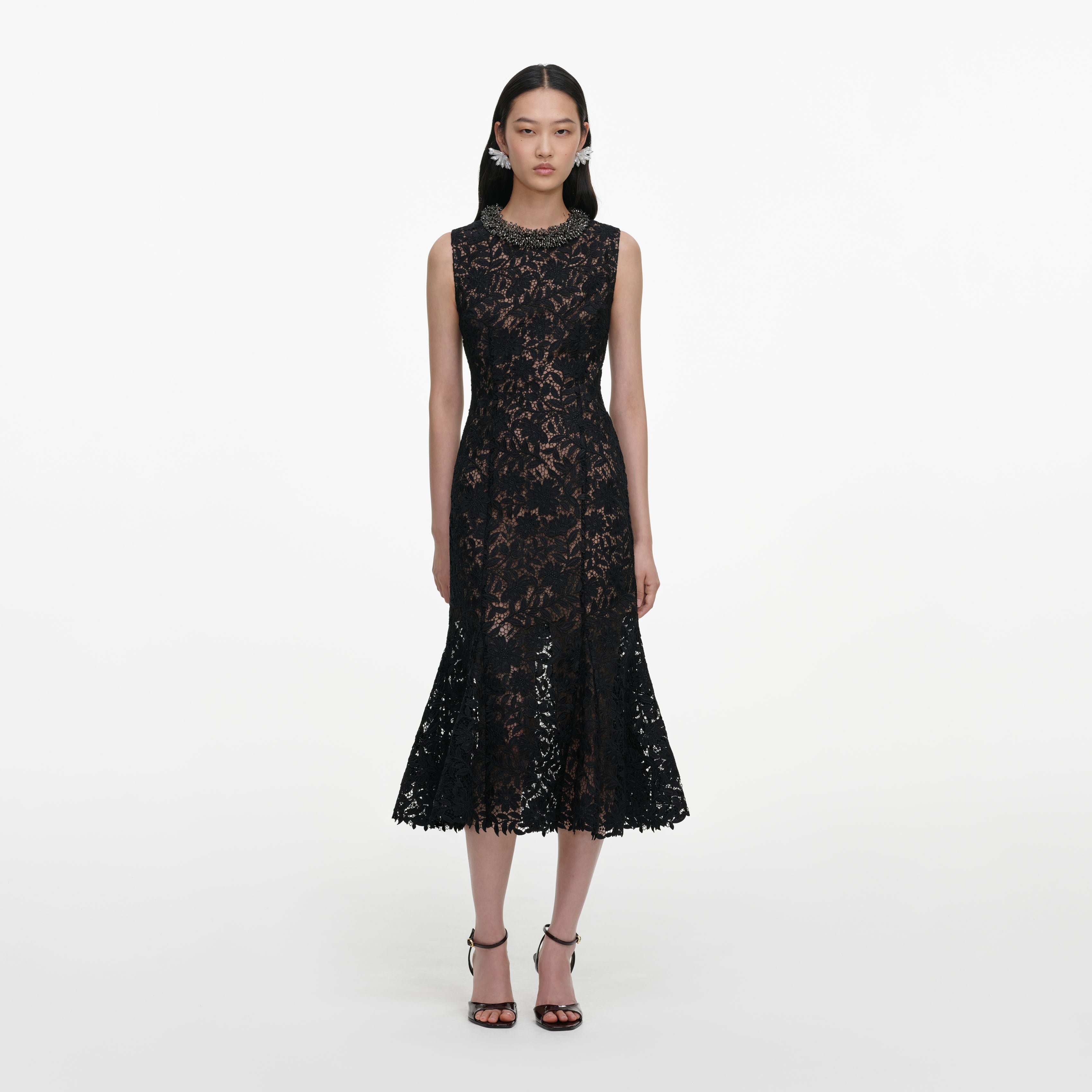 Black Lace Beaded Trim Midi Dress