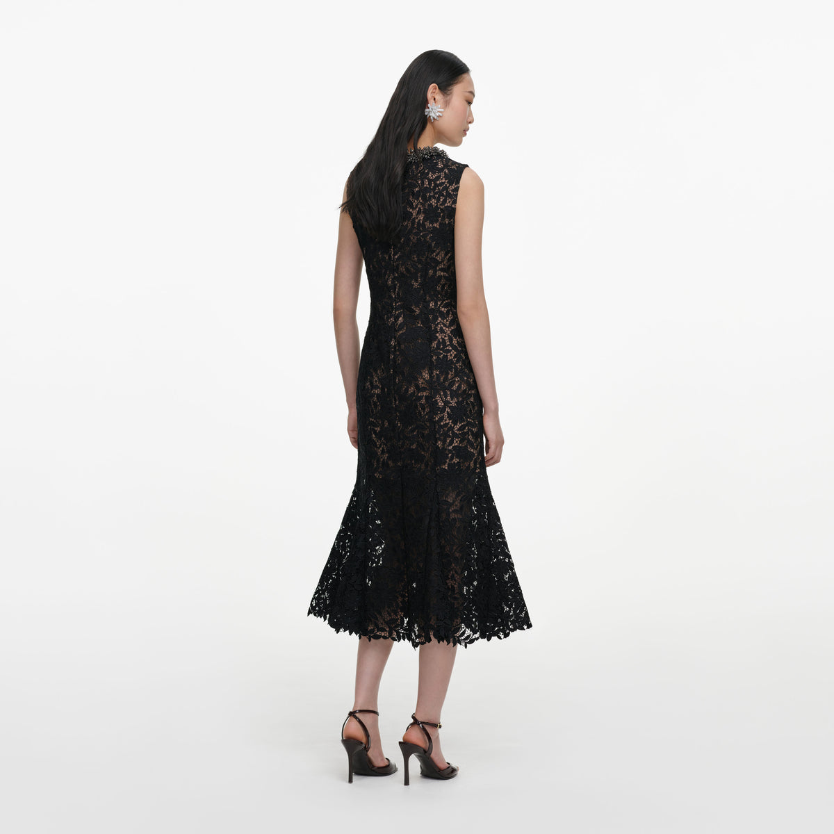 Black Lace Beaded Trim Midi Dress