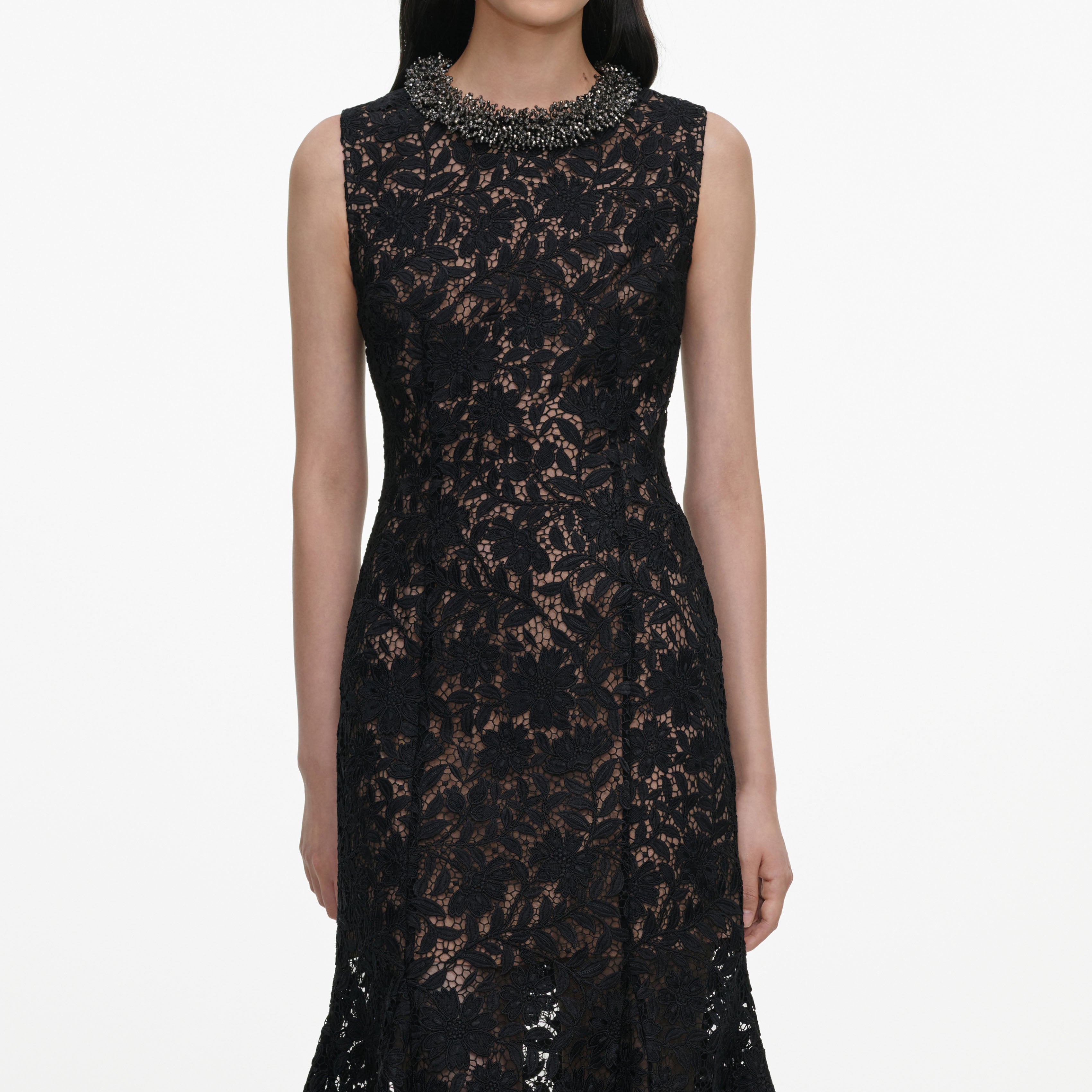 Black Lace Beaded Trim Midi Dress