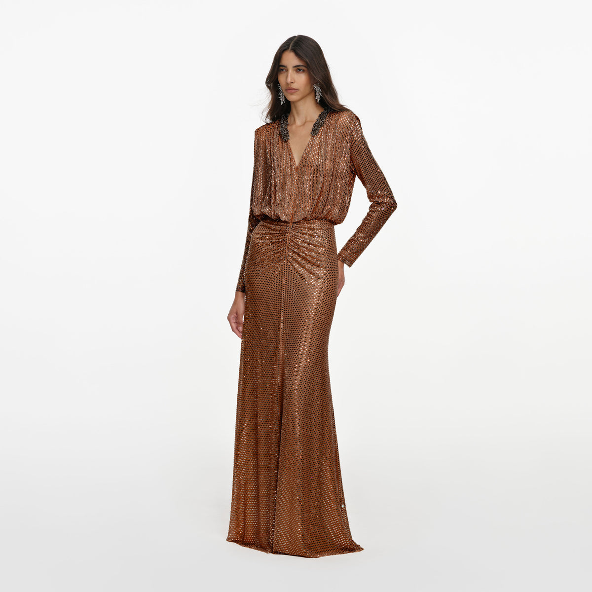 Brown Rhinestone Embellished Maxi Dress