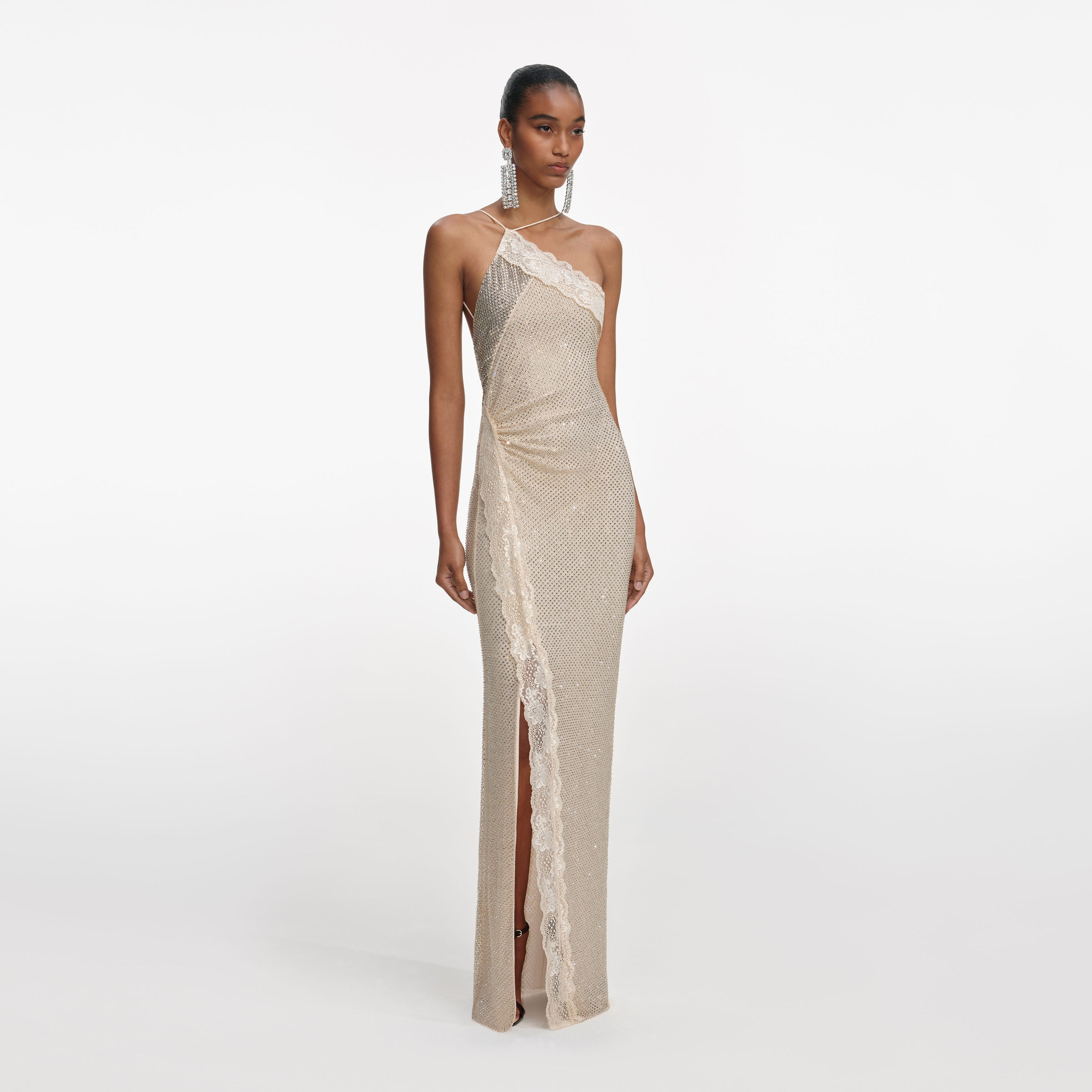 chinese dress ladies Champagne Rhinestone Lace Trim Maxi Dress – self-portrait