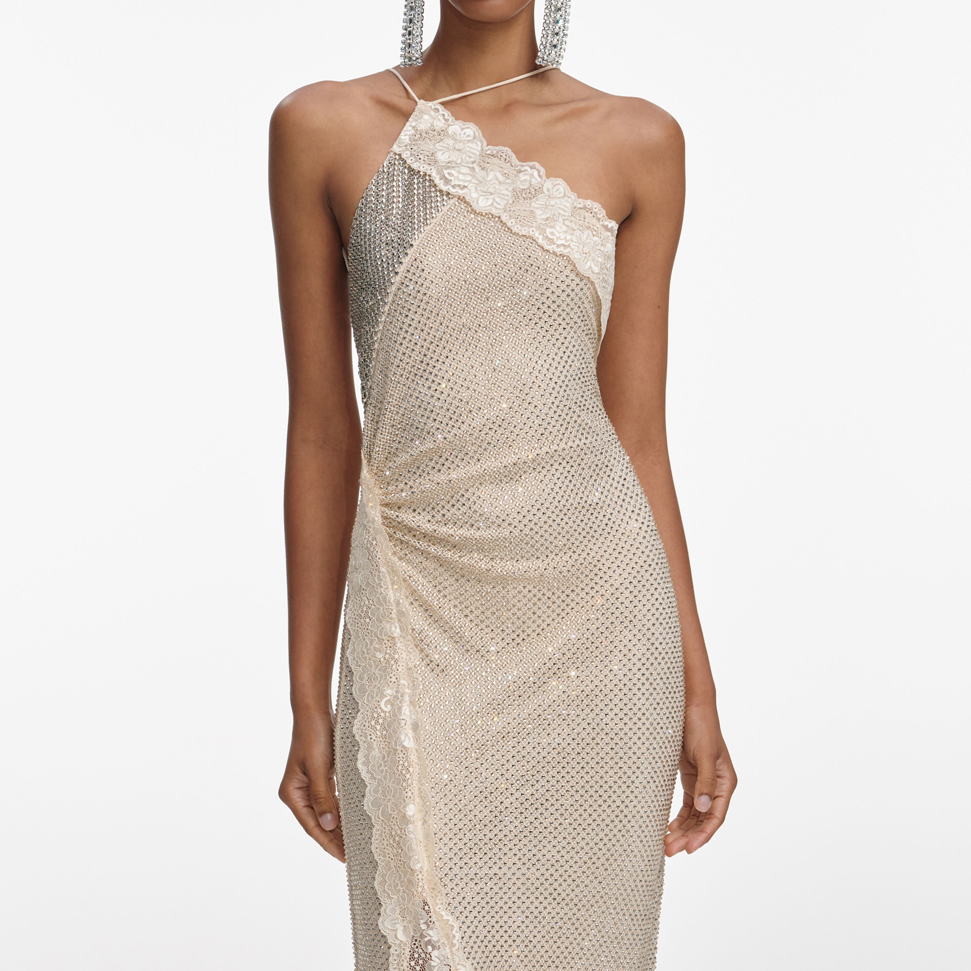 Champagne Rhinestone Lace Trim Maxi Dress