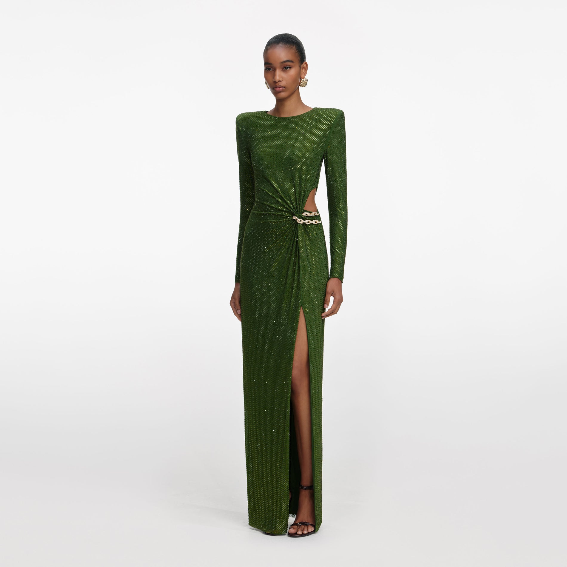 Side view of a woman wearing the Olive Rhinestone Embellished Maxi Dress