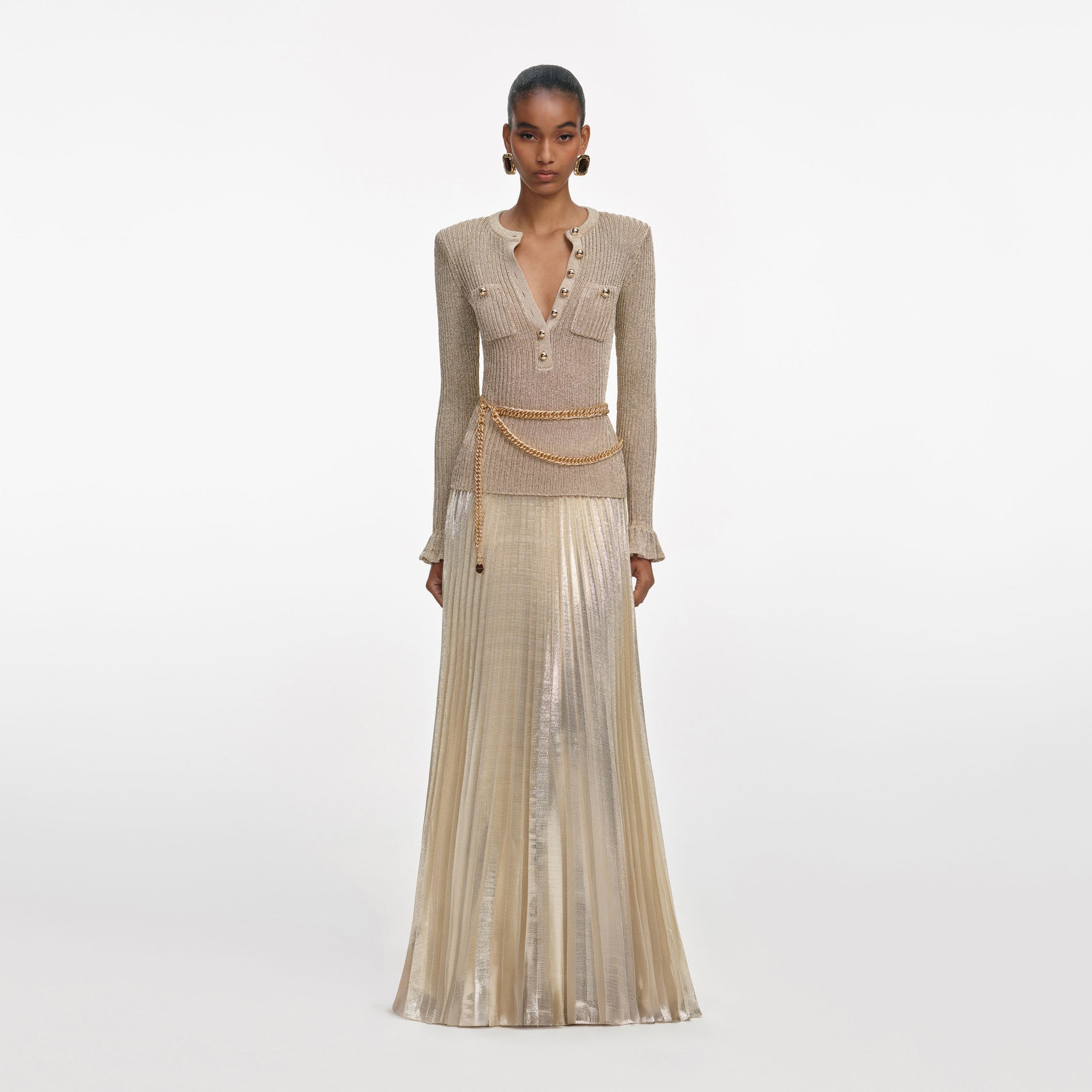 Front view of a woman wearing the Gold Lurex Ribbed Knit Maxi Dress