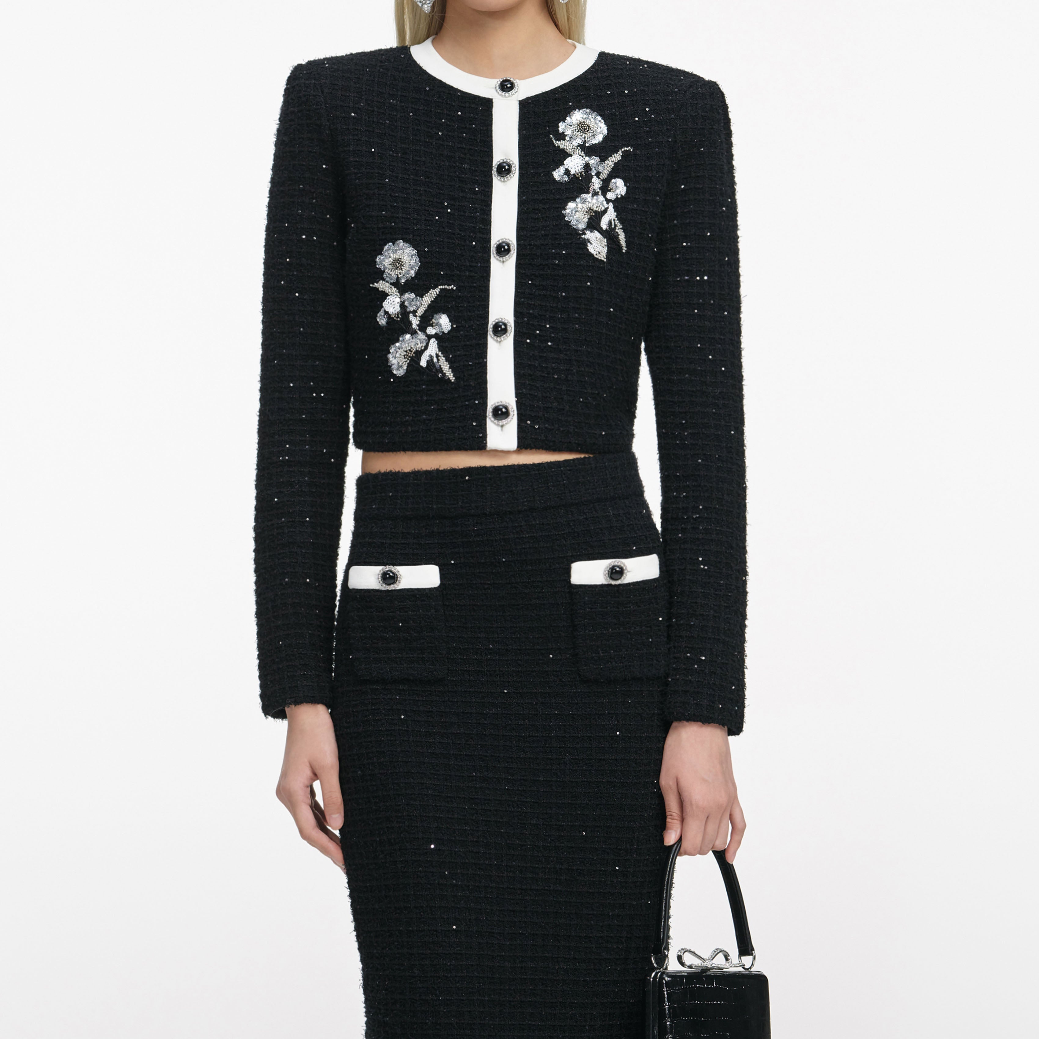 Black Floral Textured Knit Jacket