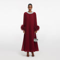 Burgundy Chiffon Feather Midi Dress