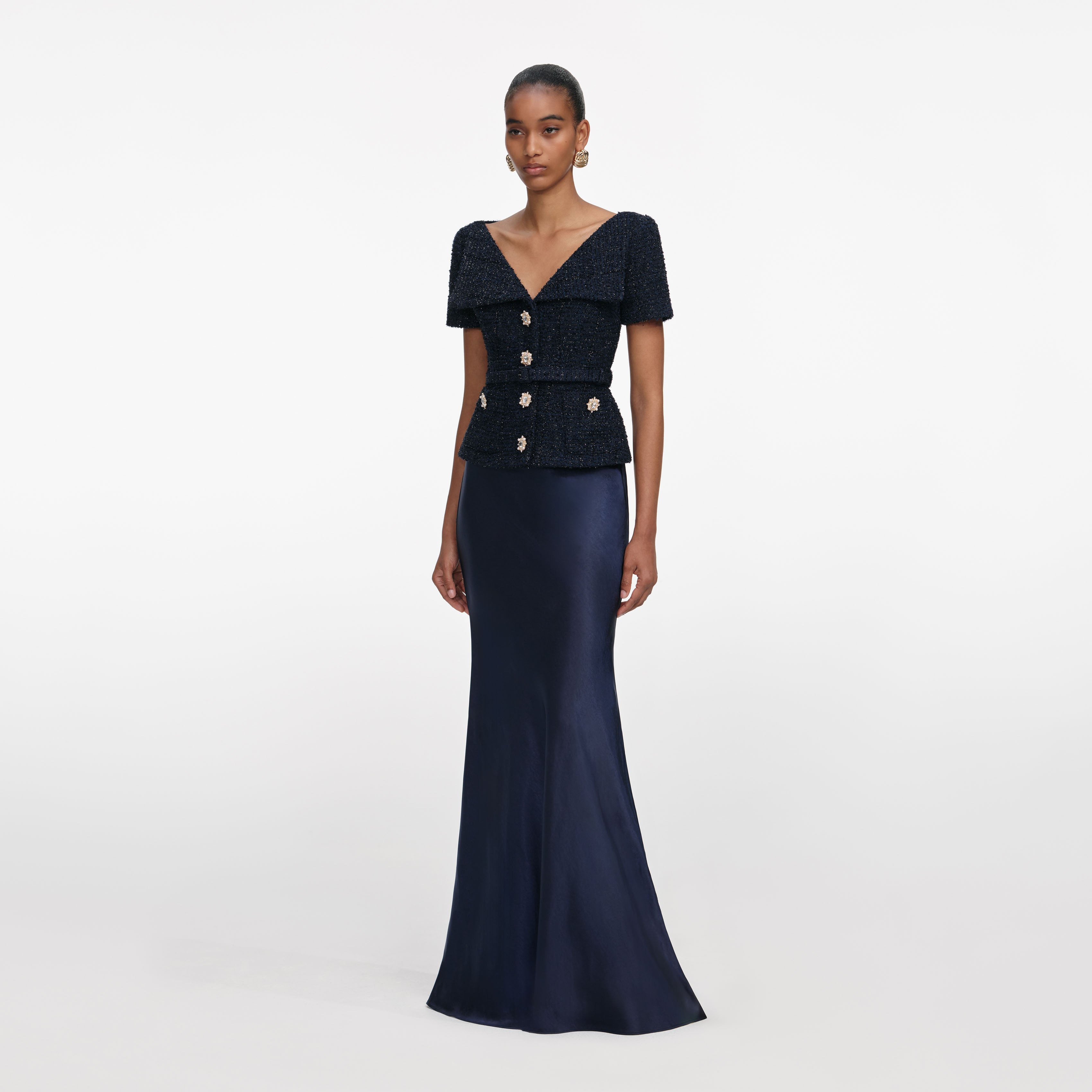 Navy Metallic Boucle Maxi Dress – self-portrait