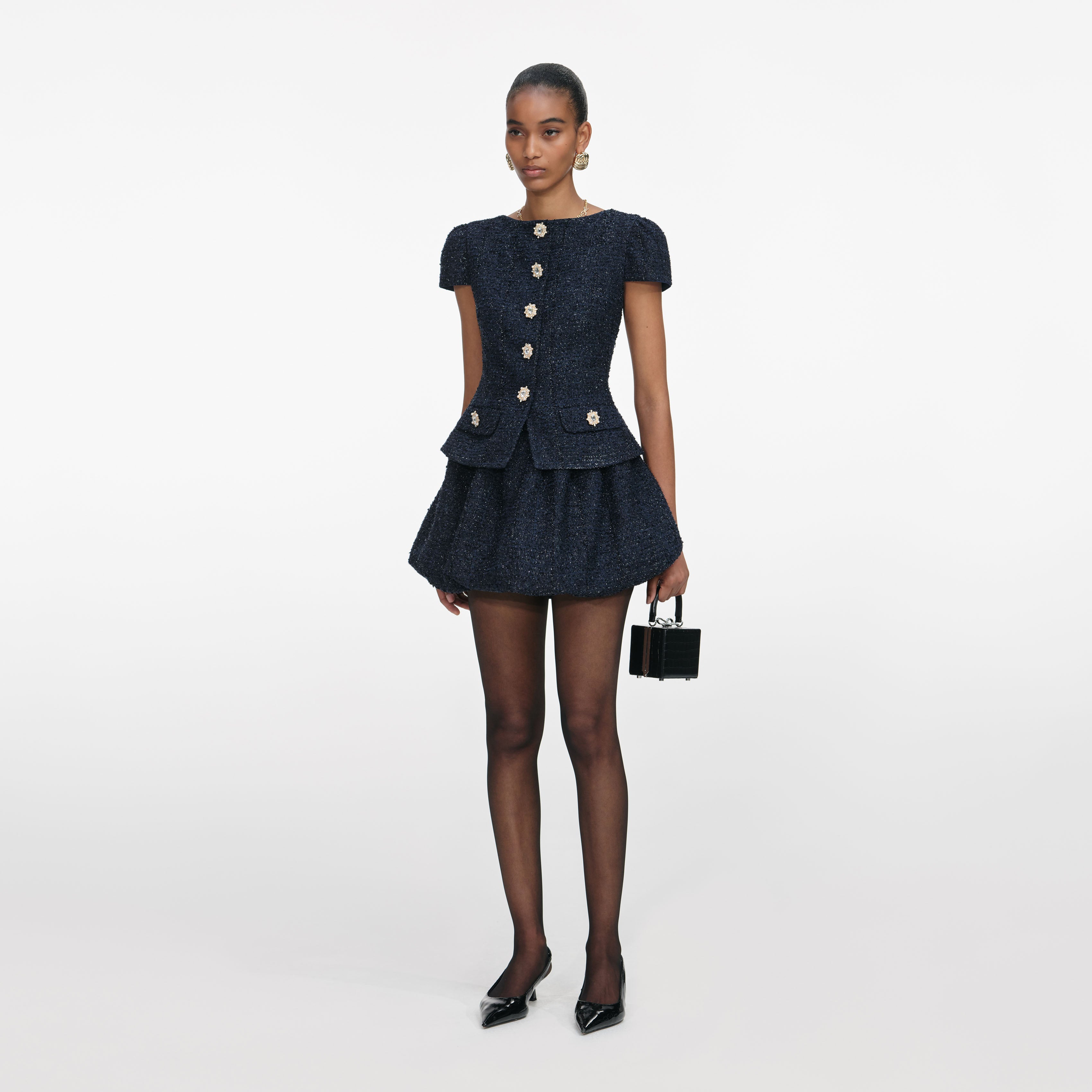 Navy Boucle Mini Dress – self-portrait