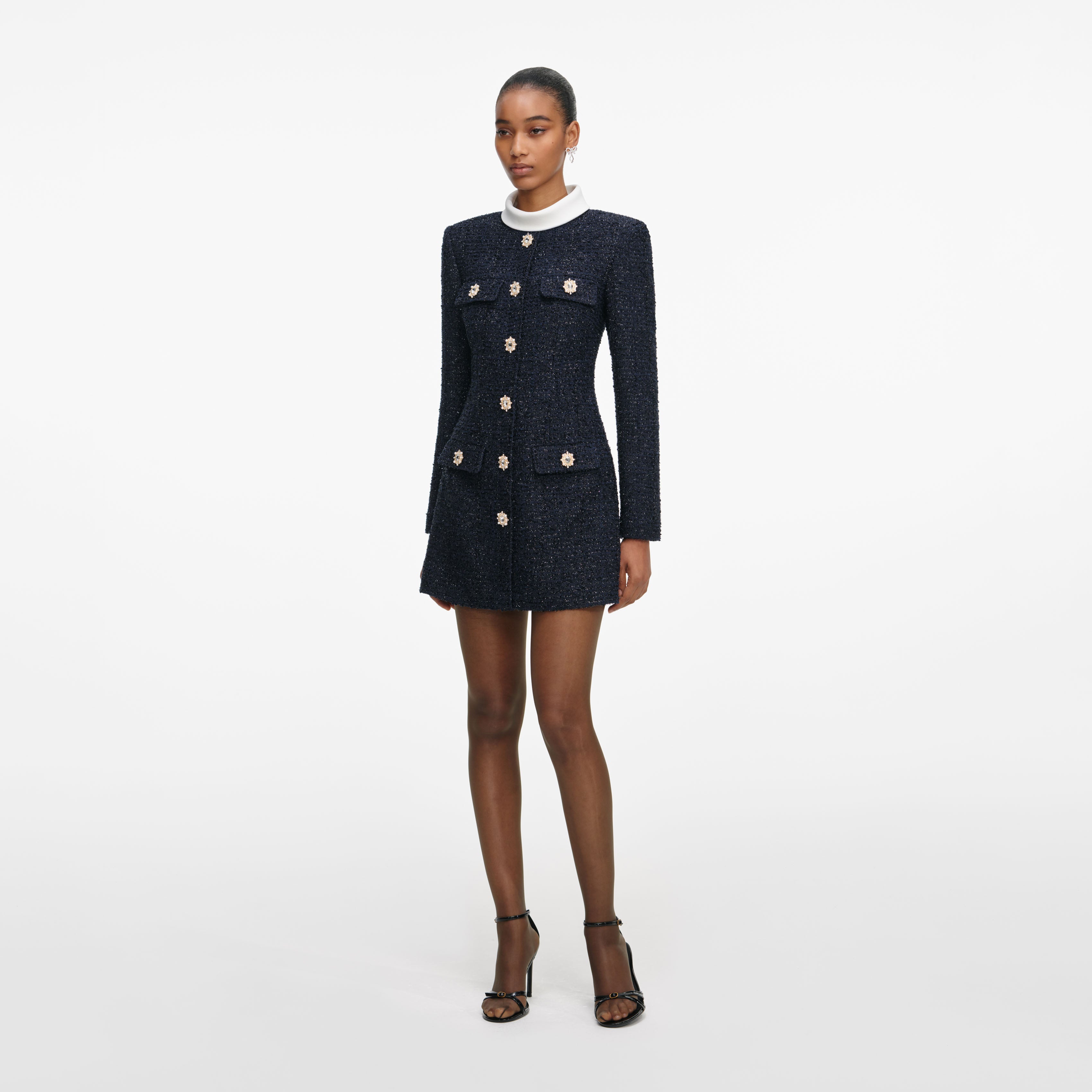 Navy Boucle Long Sleeve Mini Dress – self-portrait