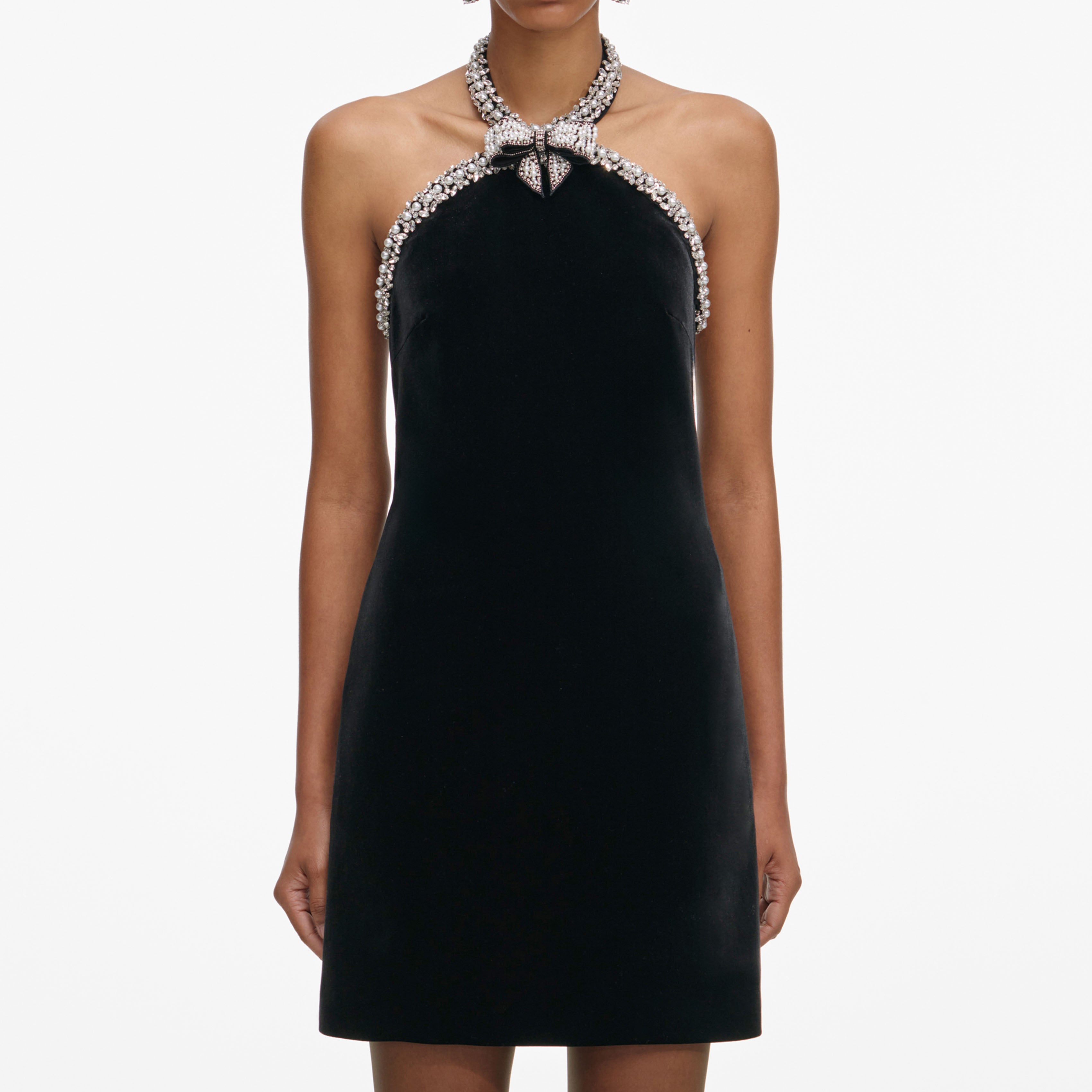 Black Velvet Crystal Trim Mini Dress