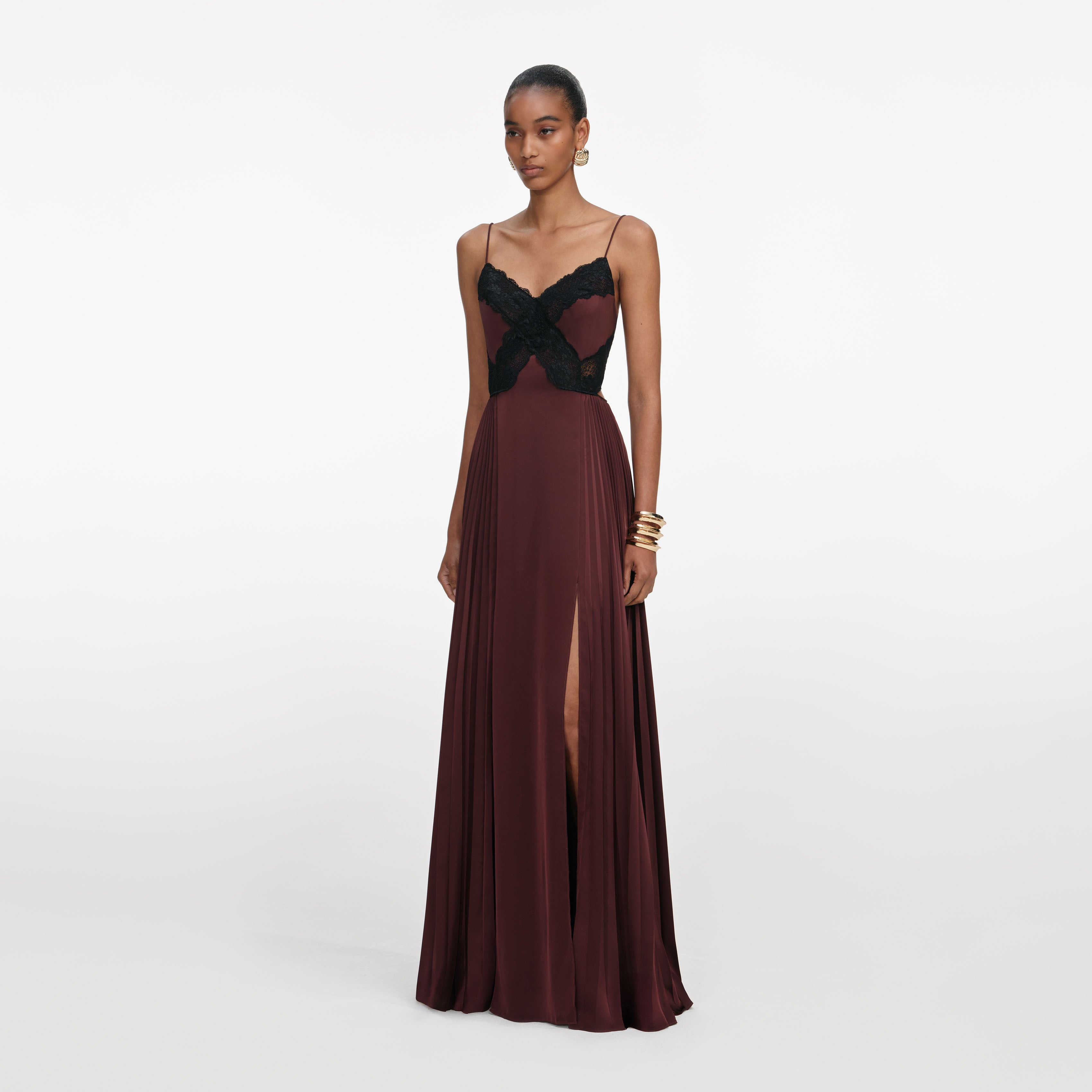 Brown Satin Lace Maxi Dress – self-portrait