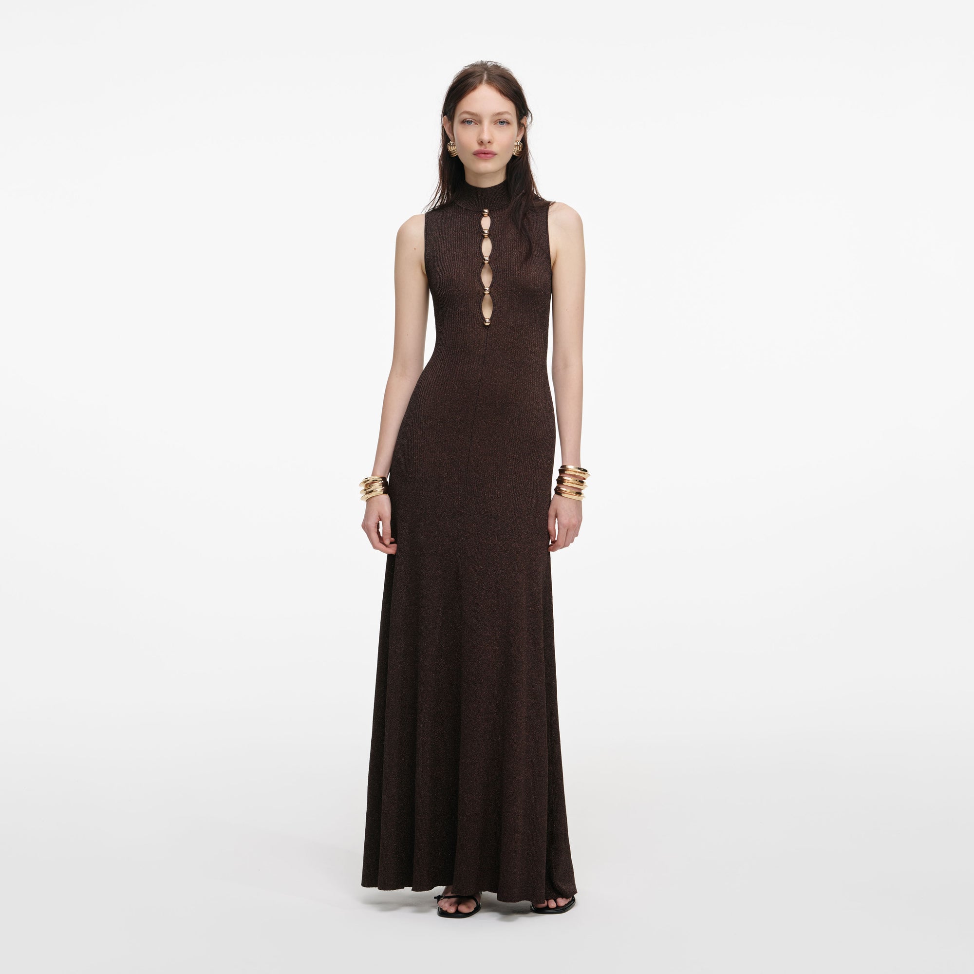 Front view of a woman wearing the Brown Lurex Knit Maxi Dress