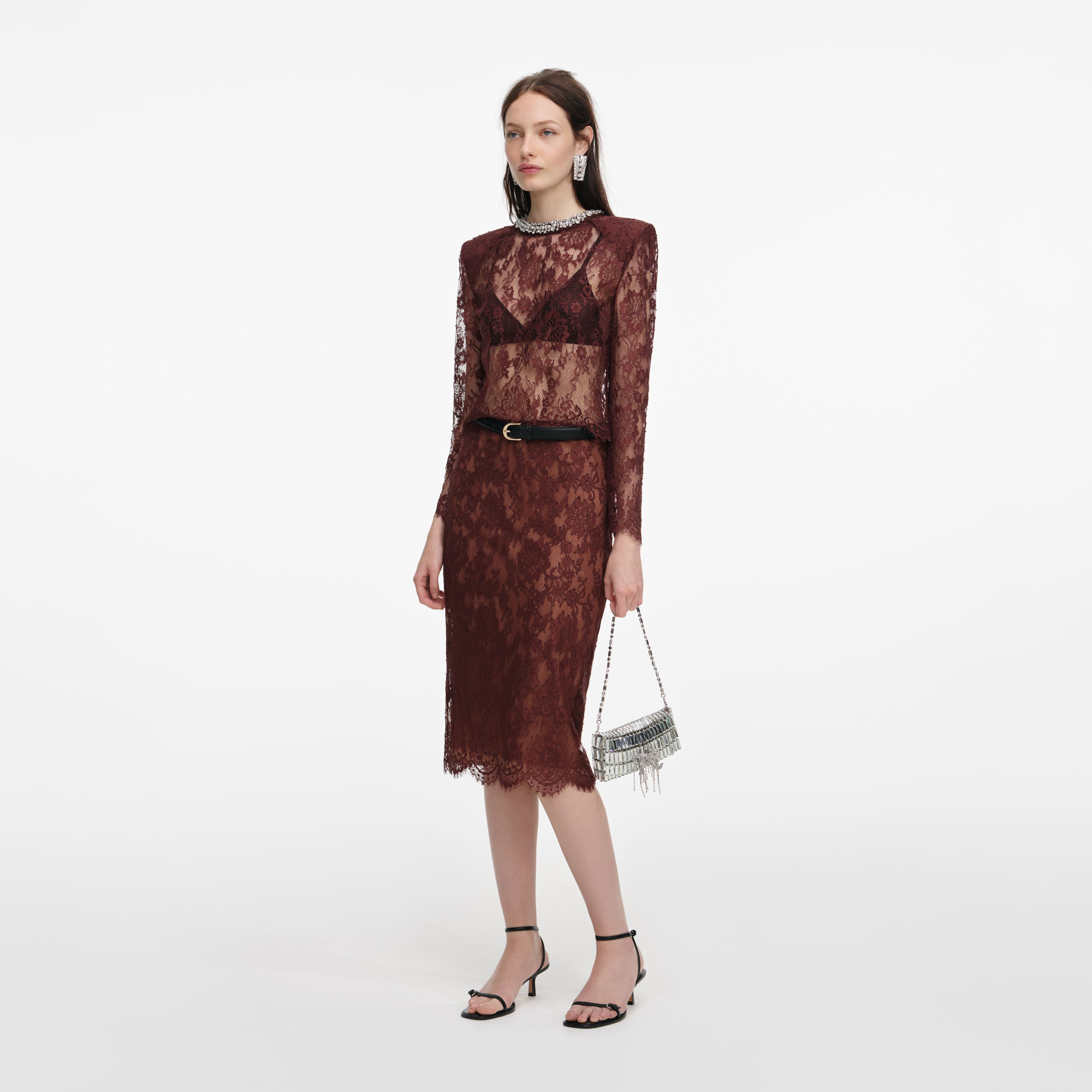 Brown Floral Lace Midi Skirt